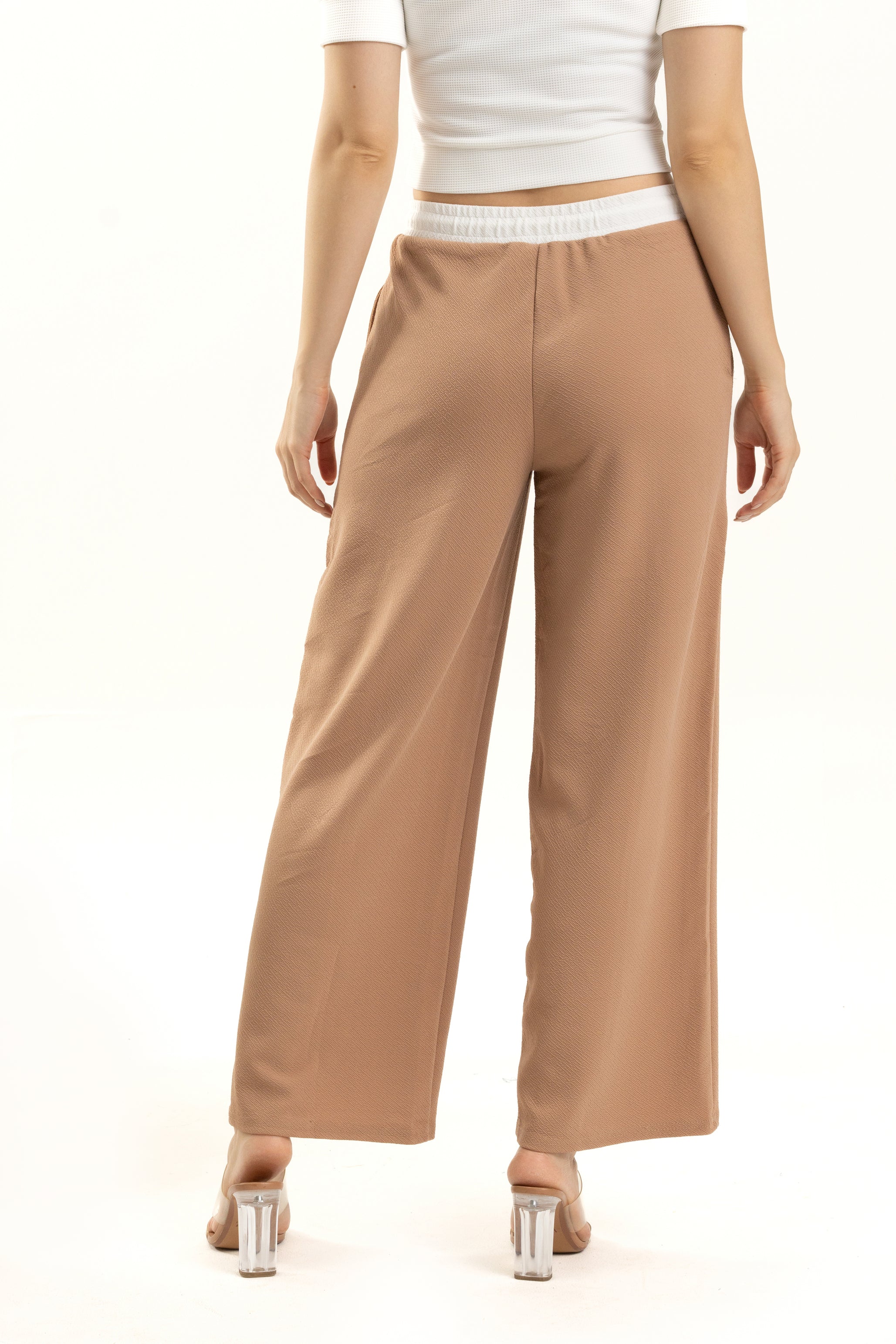 Brown Wide Leg Pants with White Waistband
