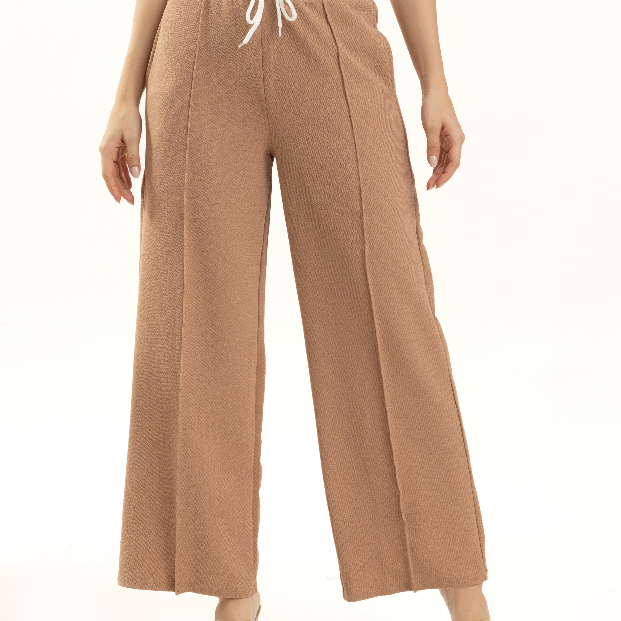 Brown Wide Leg Pants with White Waistband