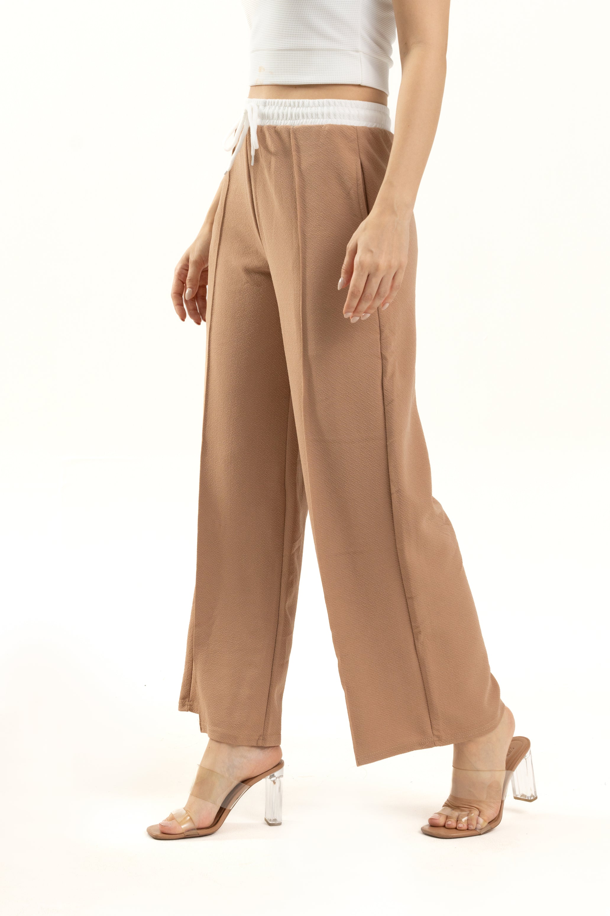Brown Wide Leg Pants with White Waistband