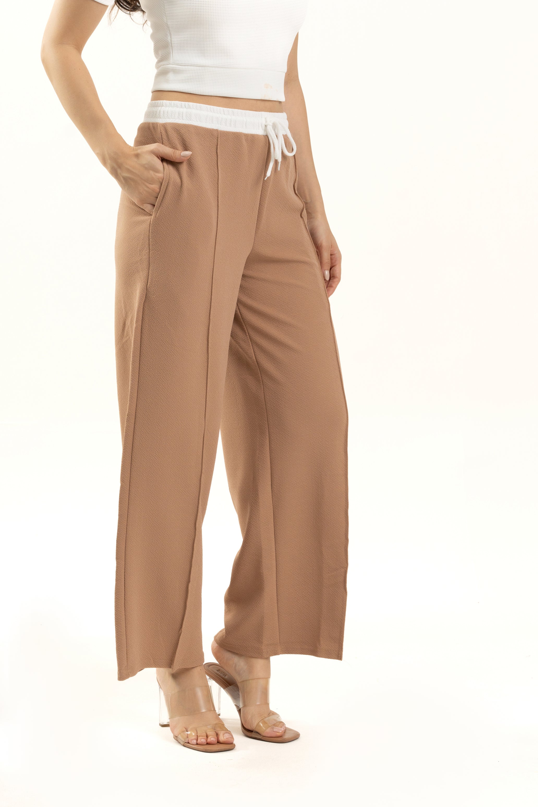 Brown Wide Leg Pants with White Waistband