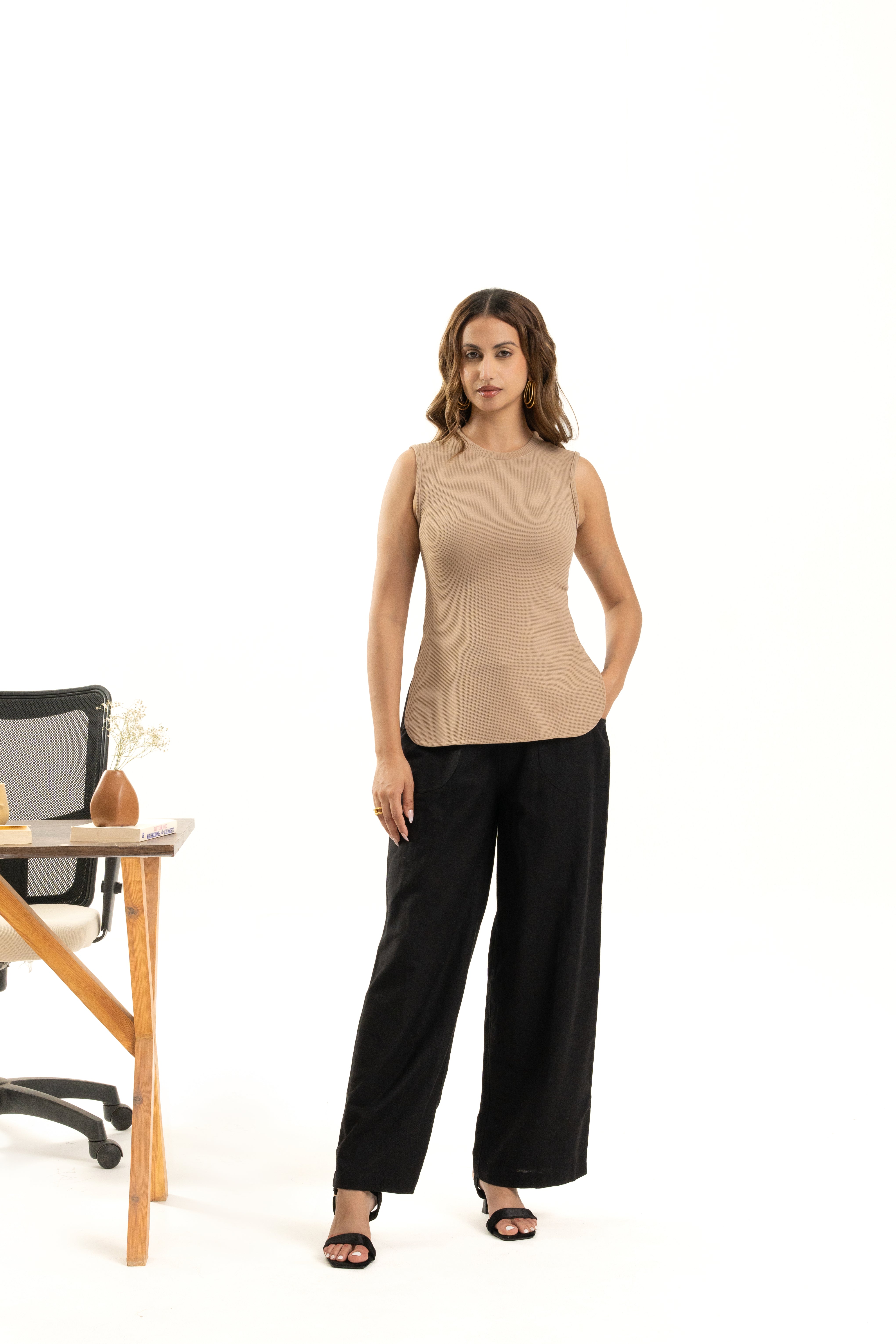 Beige Sleeveless Curve Hem Top For Women