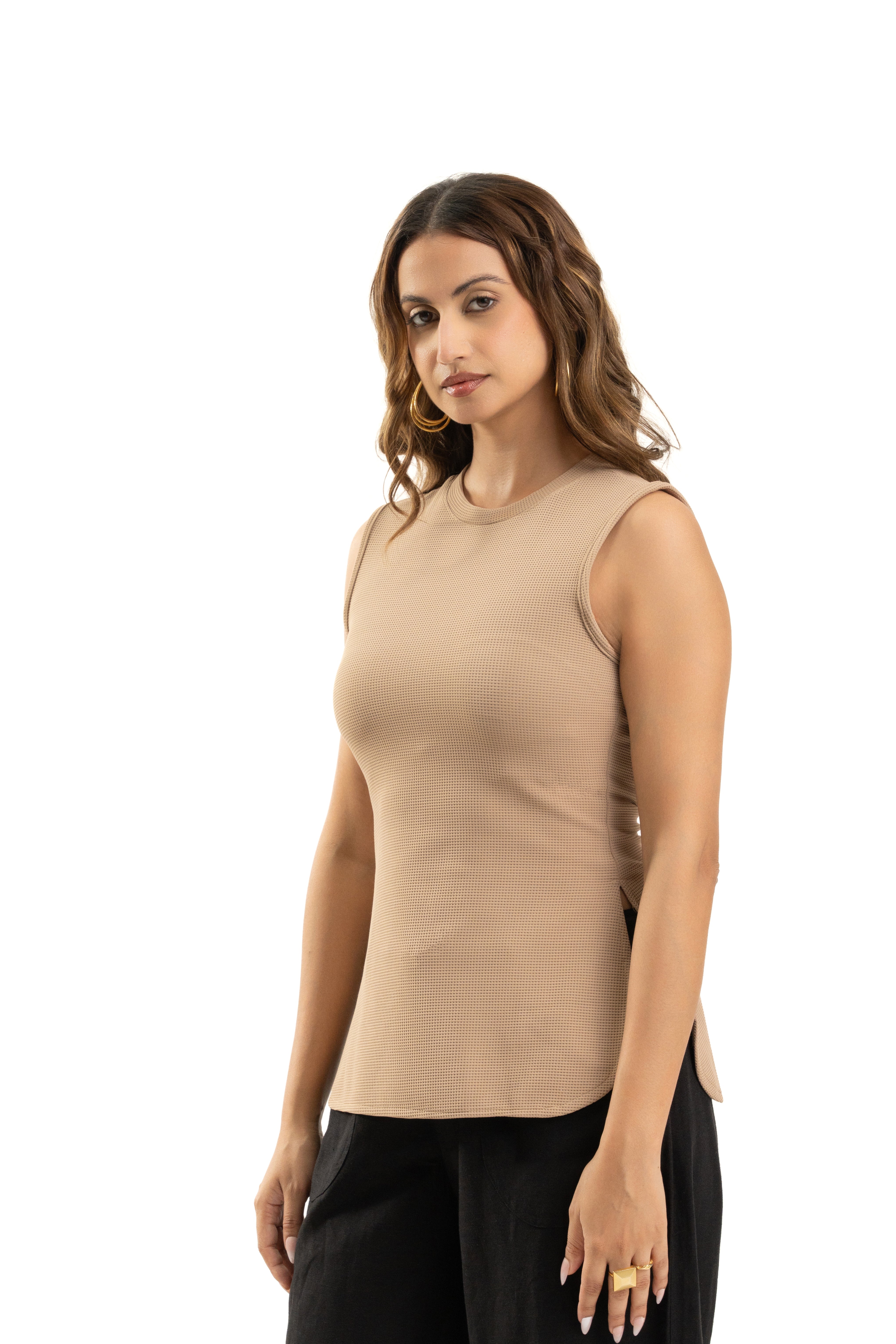 Beige Sleeveless Curve Hem Top For Women