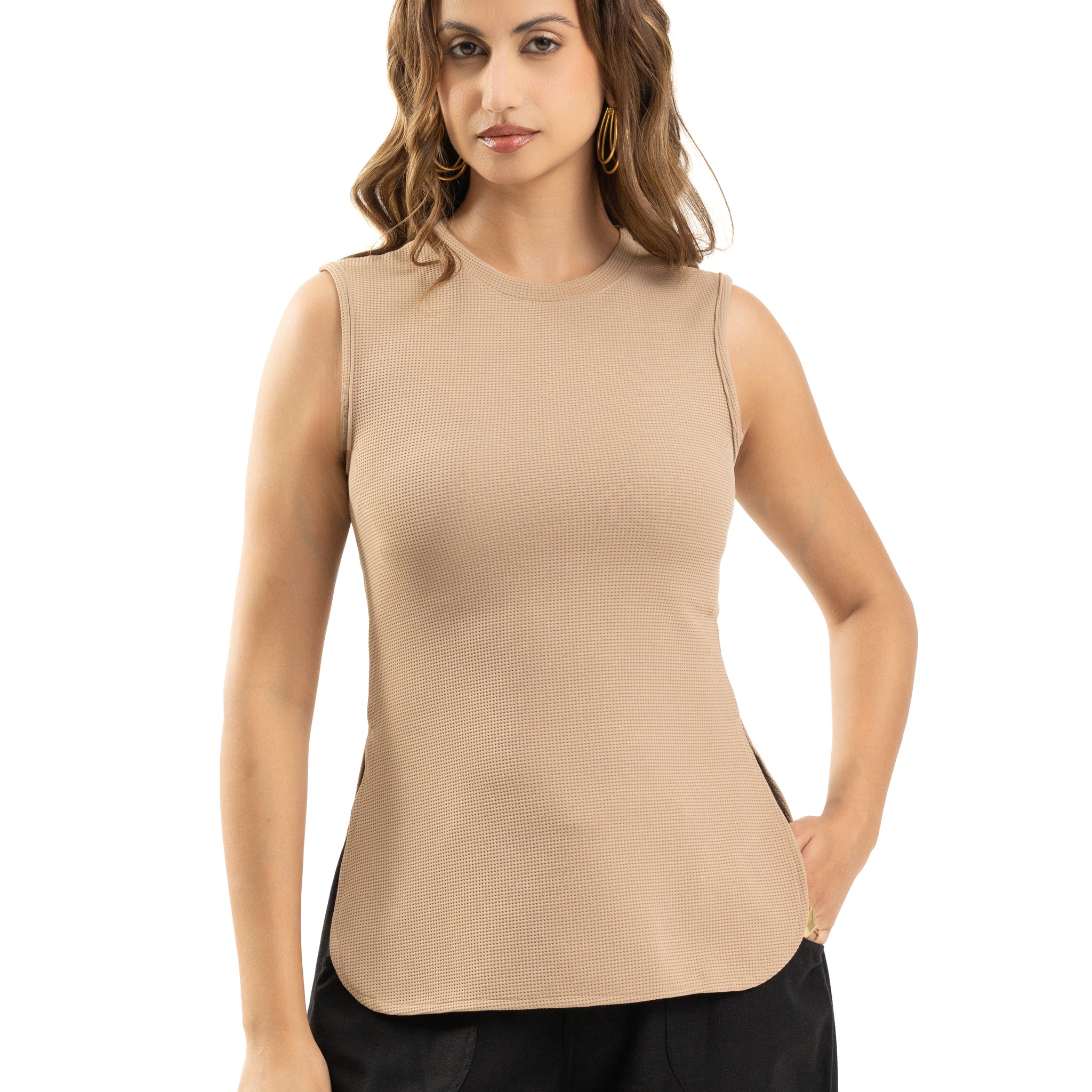 Beige Sleeveless Curve Hem Top For Women
