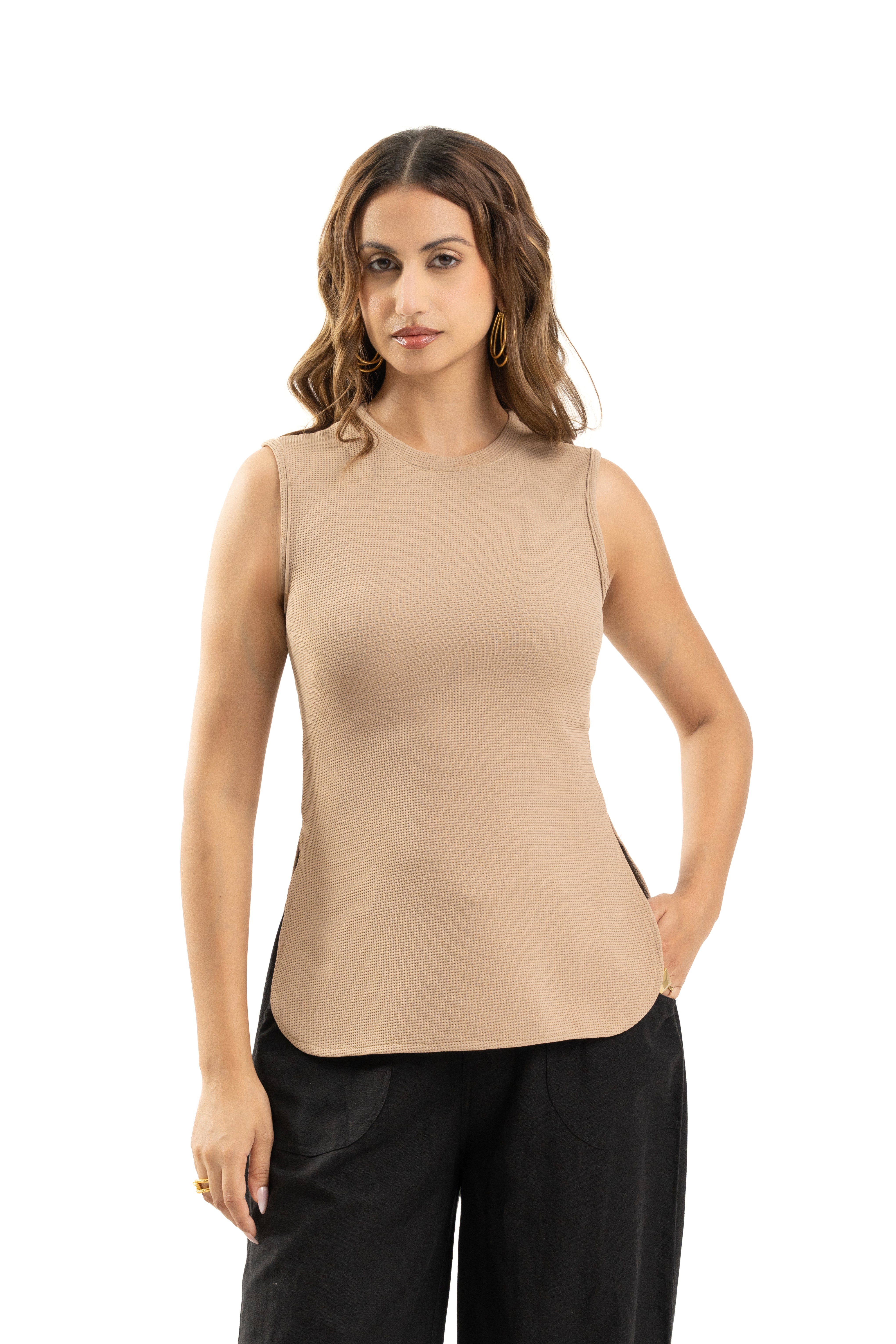 Beige Sleeveless Curve Hem Top For Women