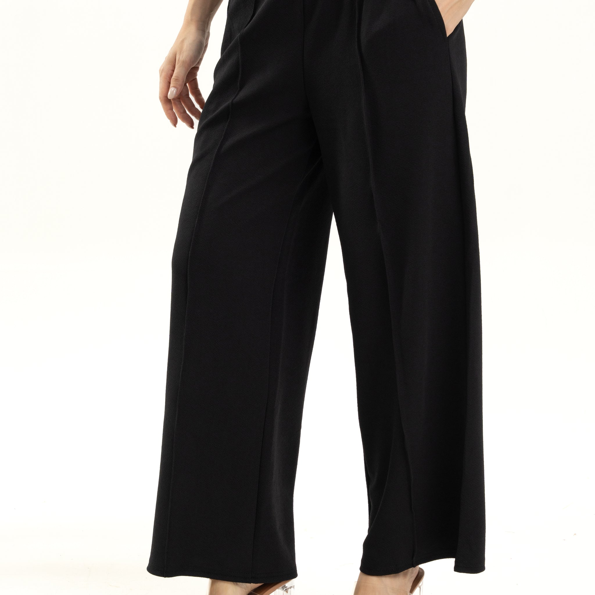 Black Wide Leg Pants with White Waistband Detail
