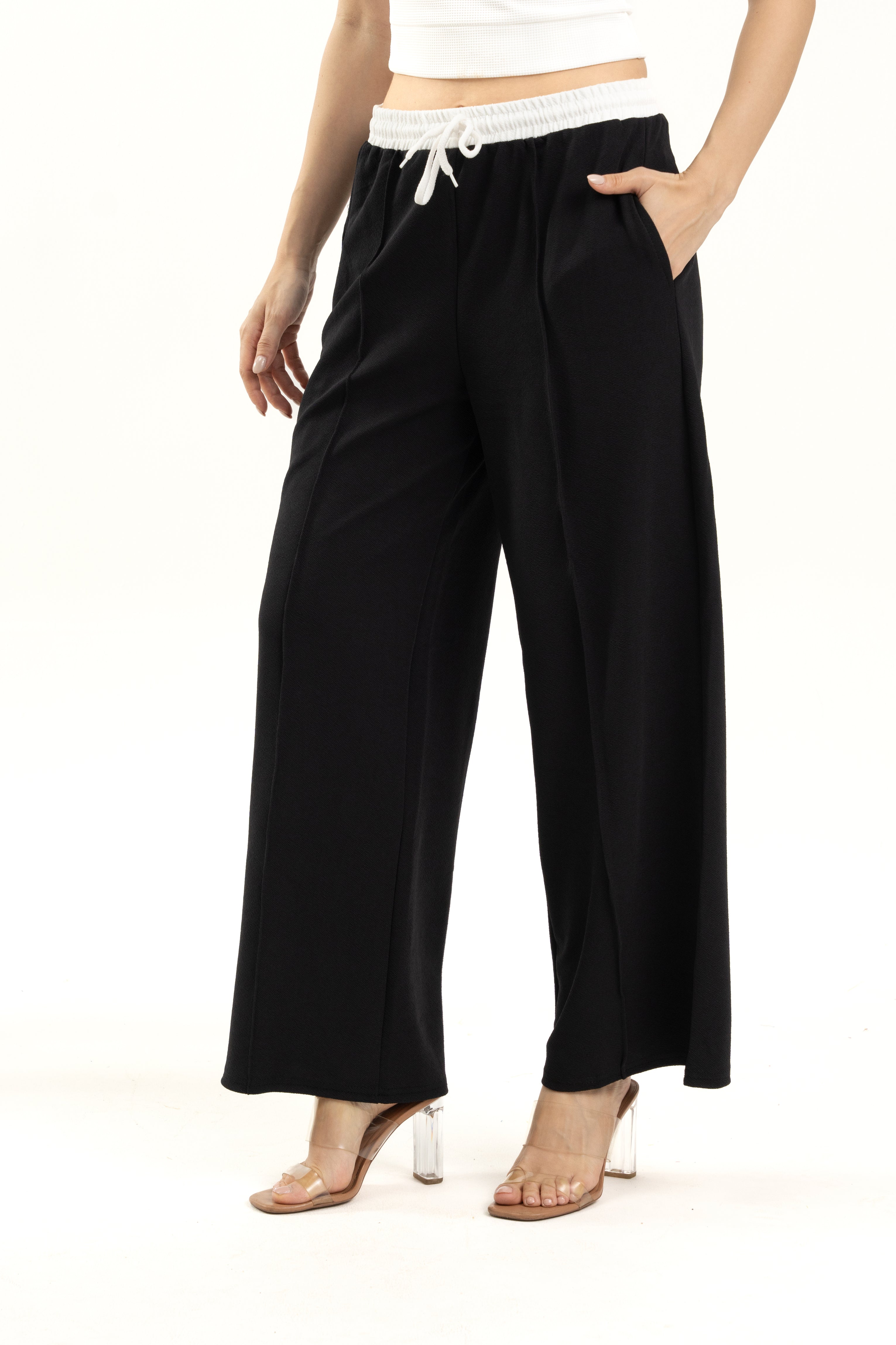 Black Wide Leg Pants with White Waistband Detail