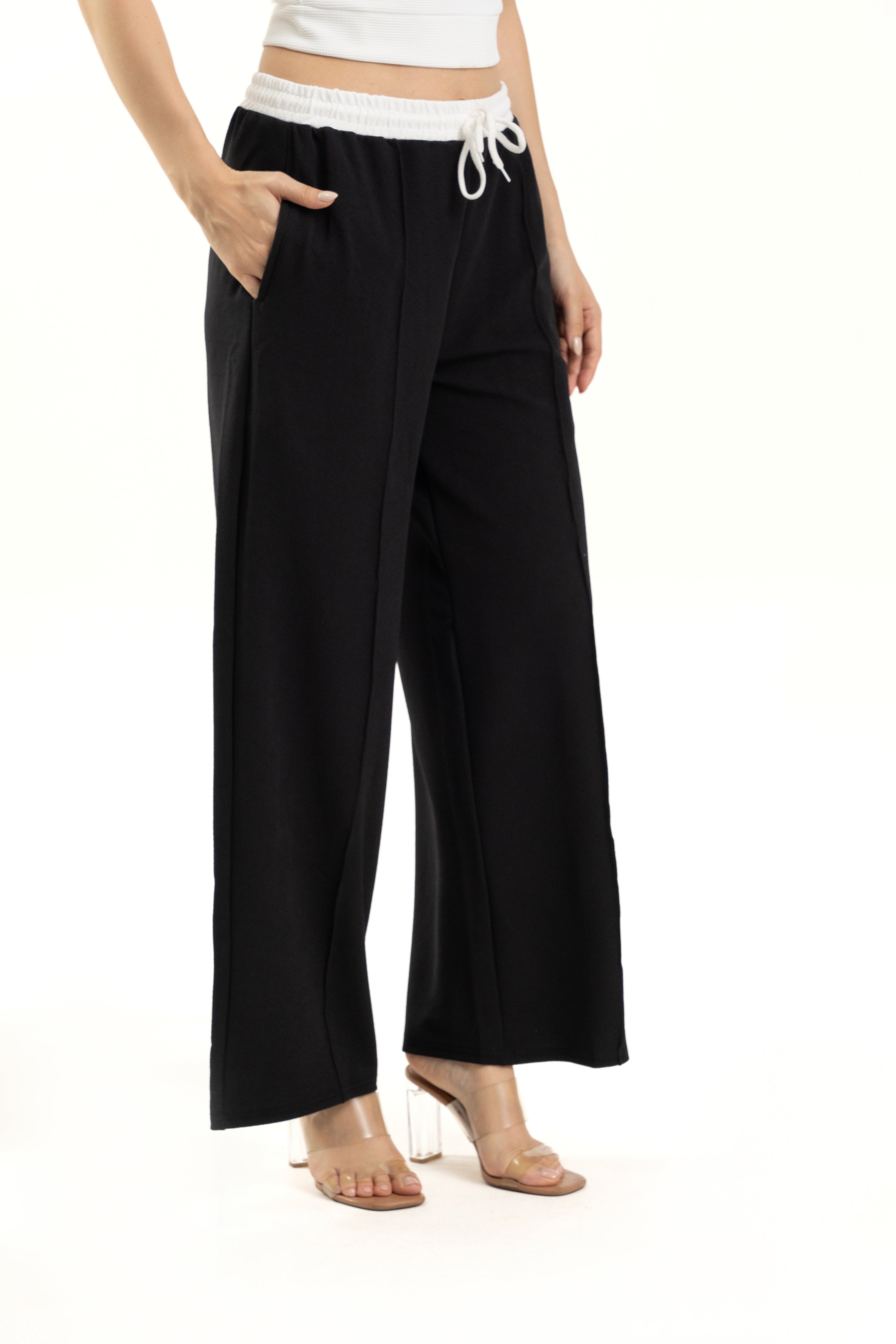 Black Wide Leg Pants with White Waistband Detail