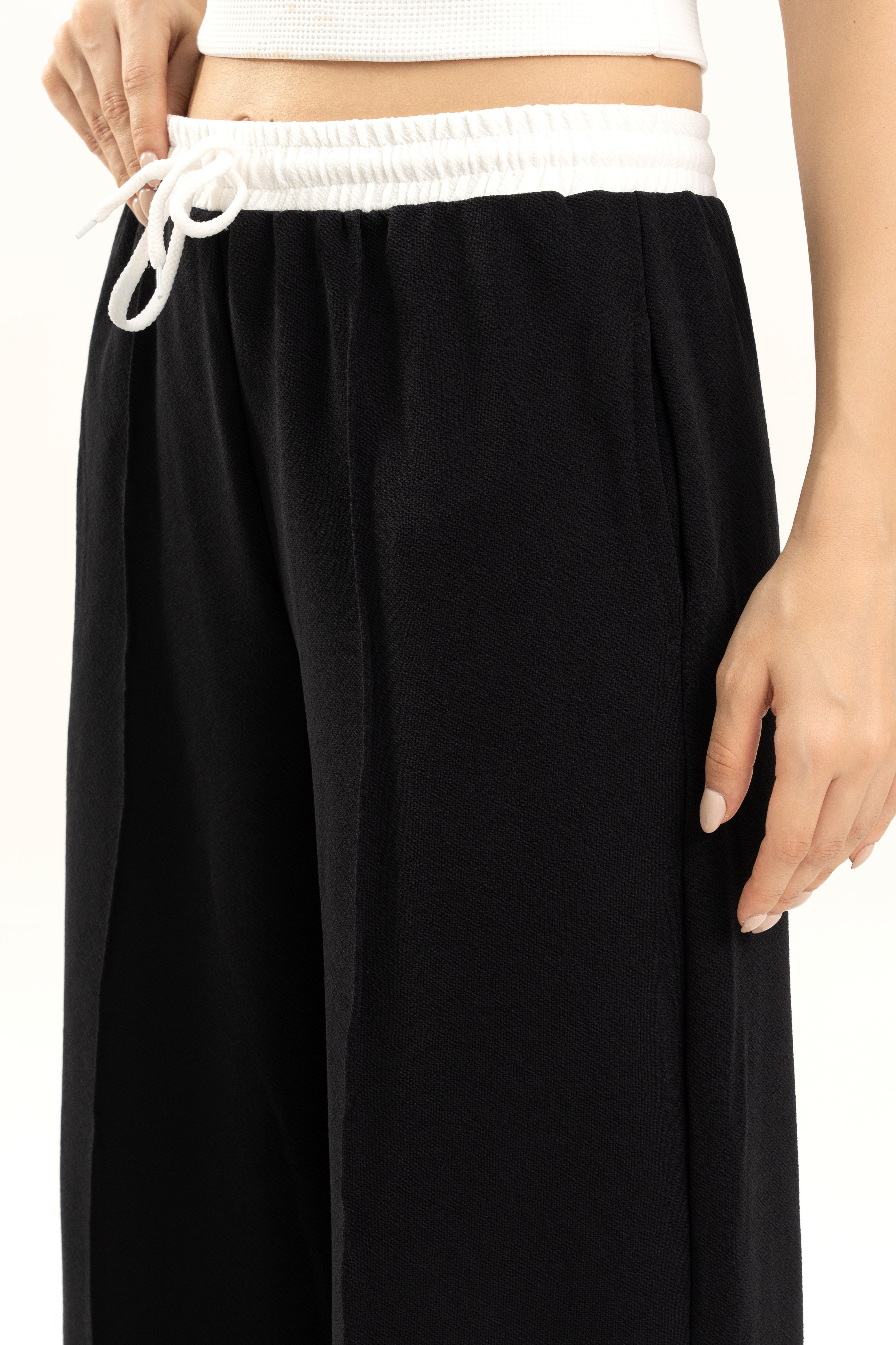 Black Wide Leg Pants with White Waistband Detail