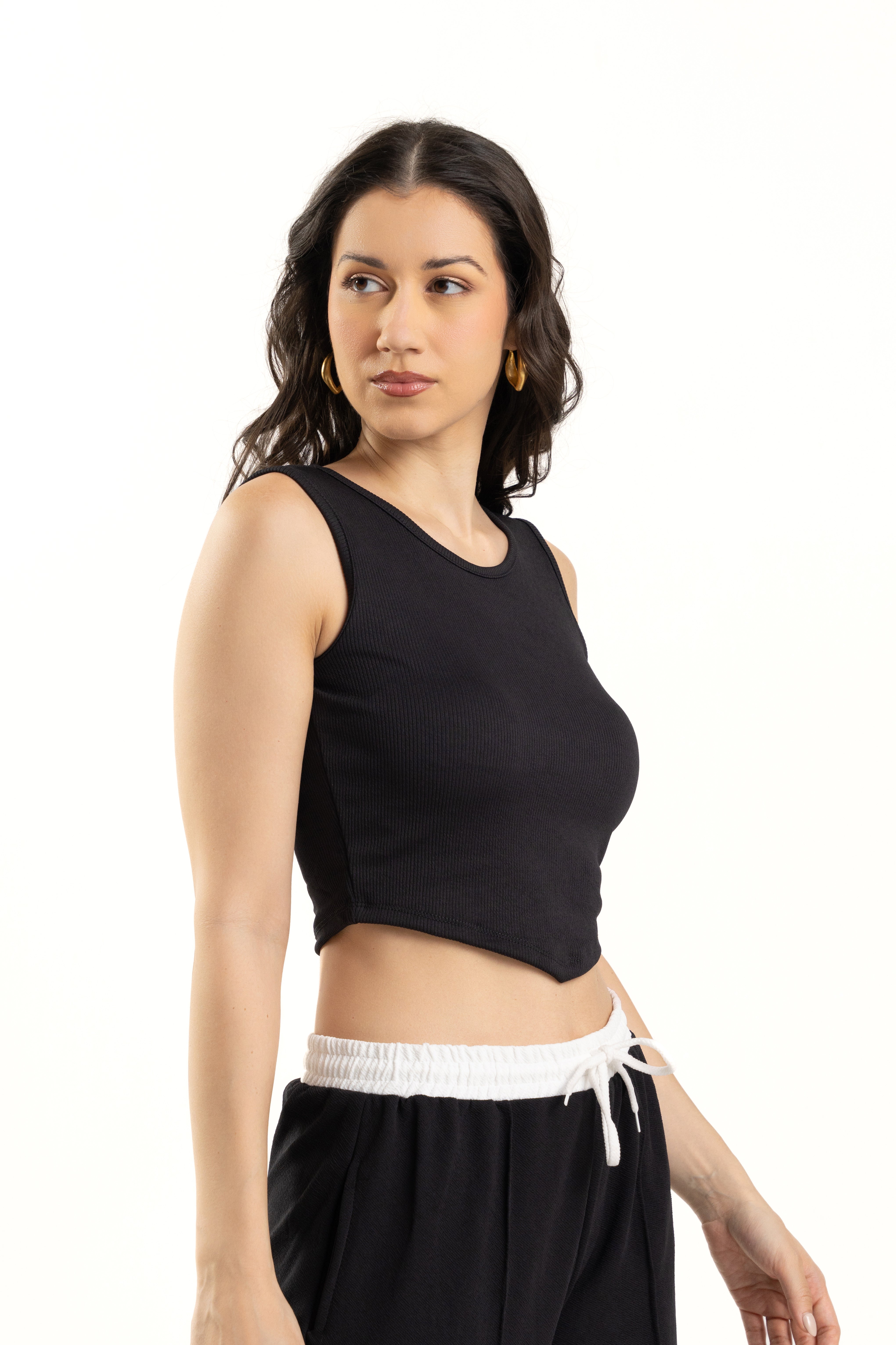 womens Ribbed Black Sleeveless Crop Top