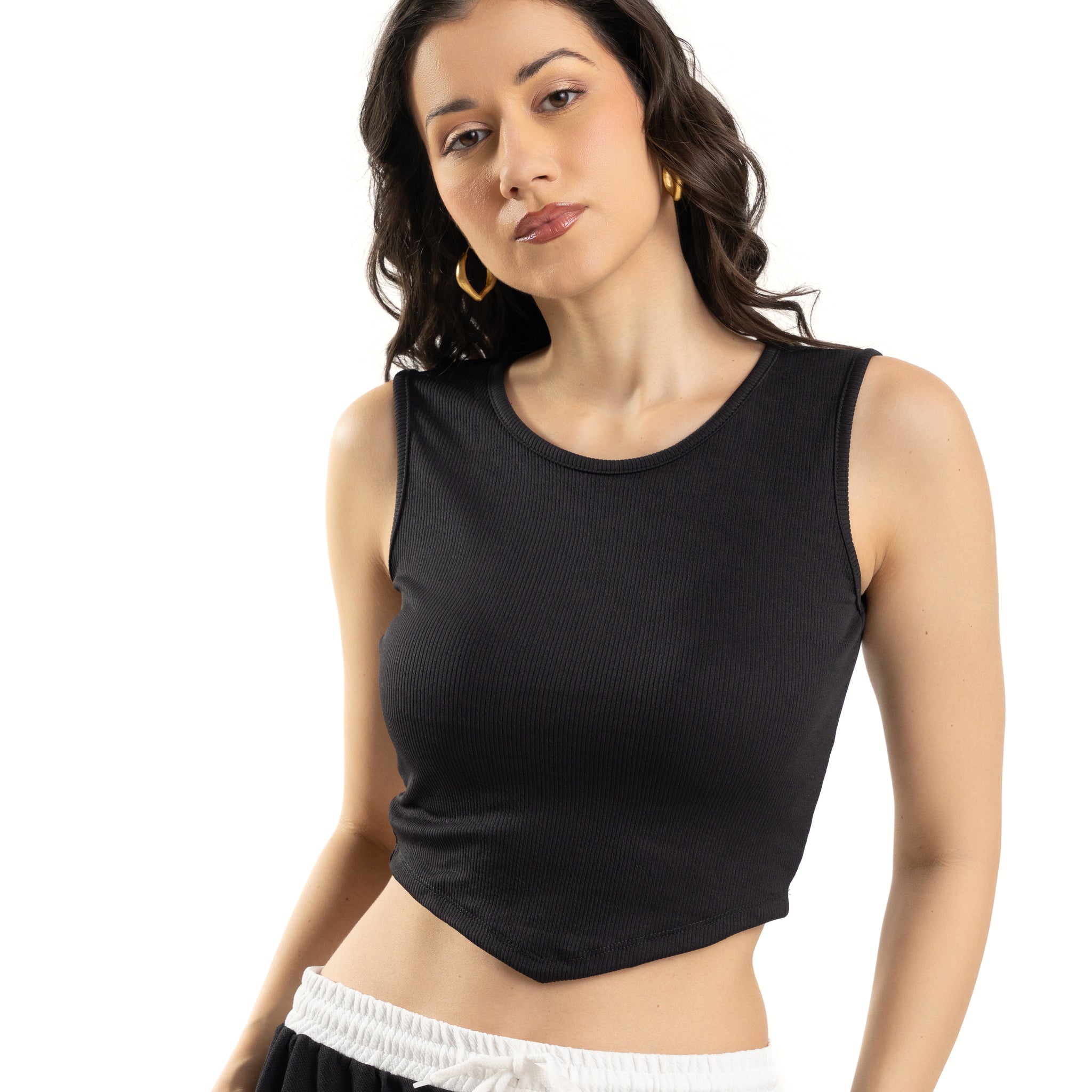 womens Ribbed Black Sleeveless Crop Top