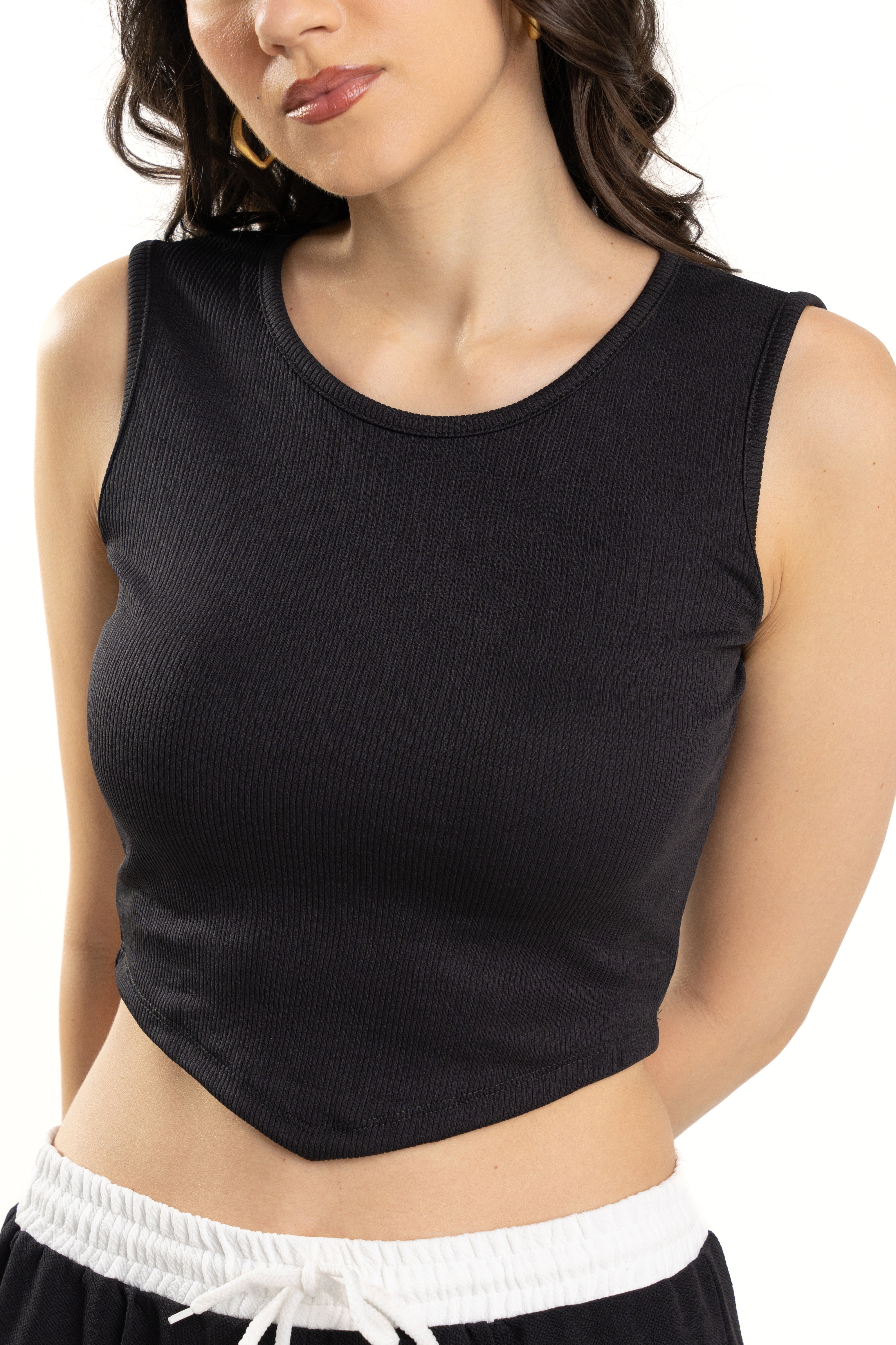 womens Ribbed Black Sleeveless Crop Top