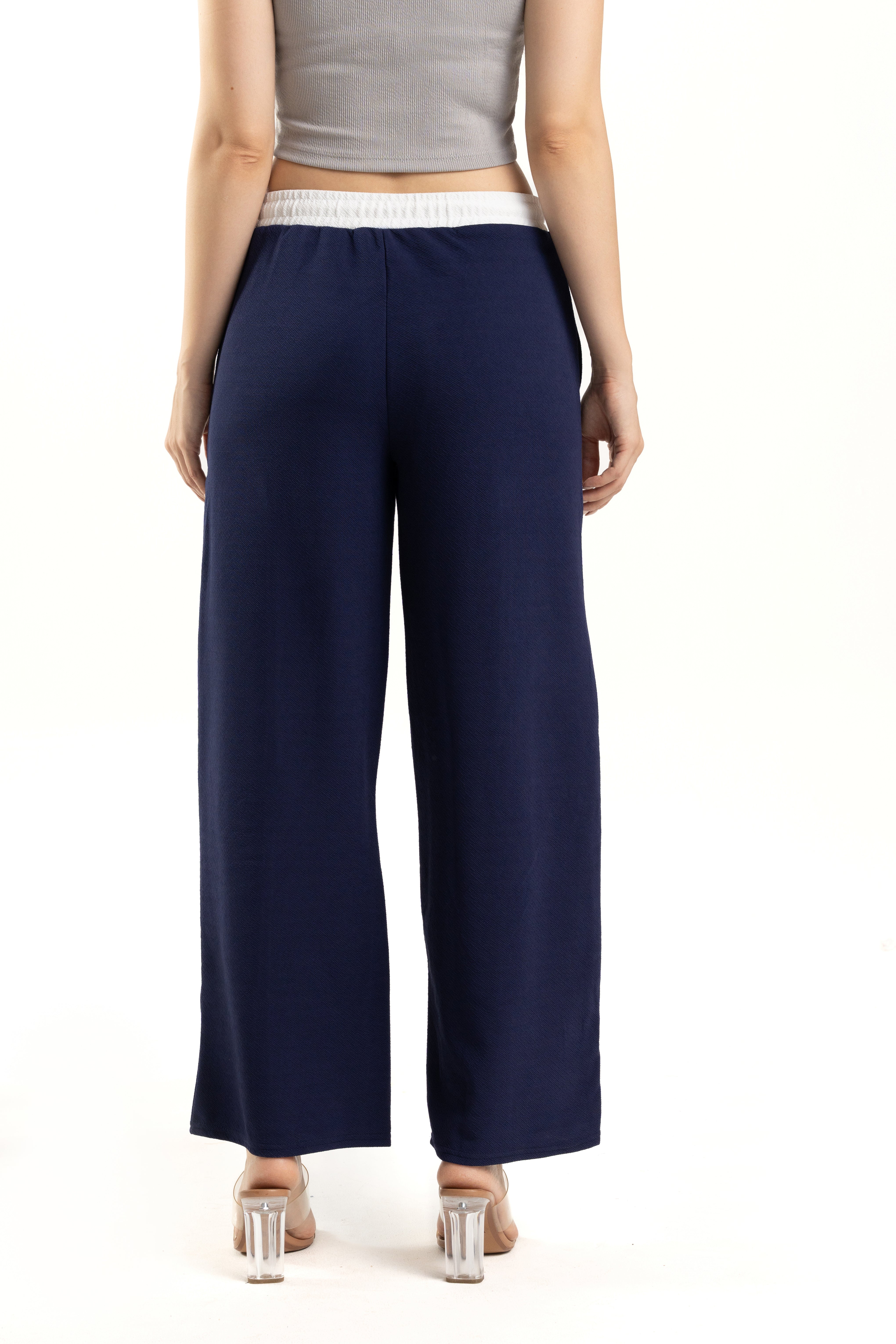 Navy Blue Wide Leg Pants with White Waistband Design