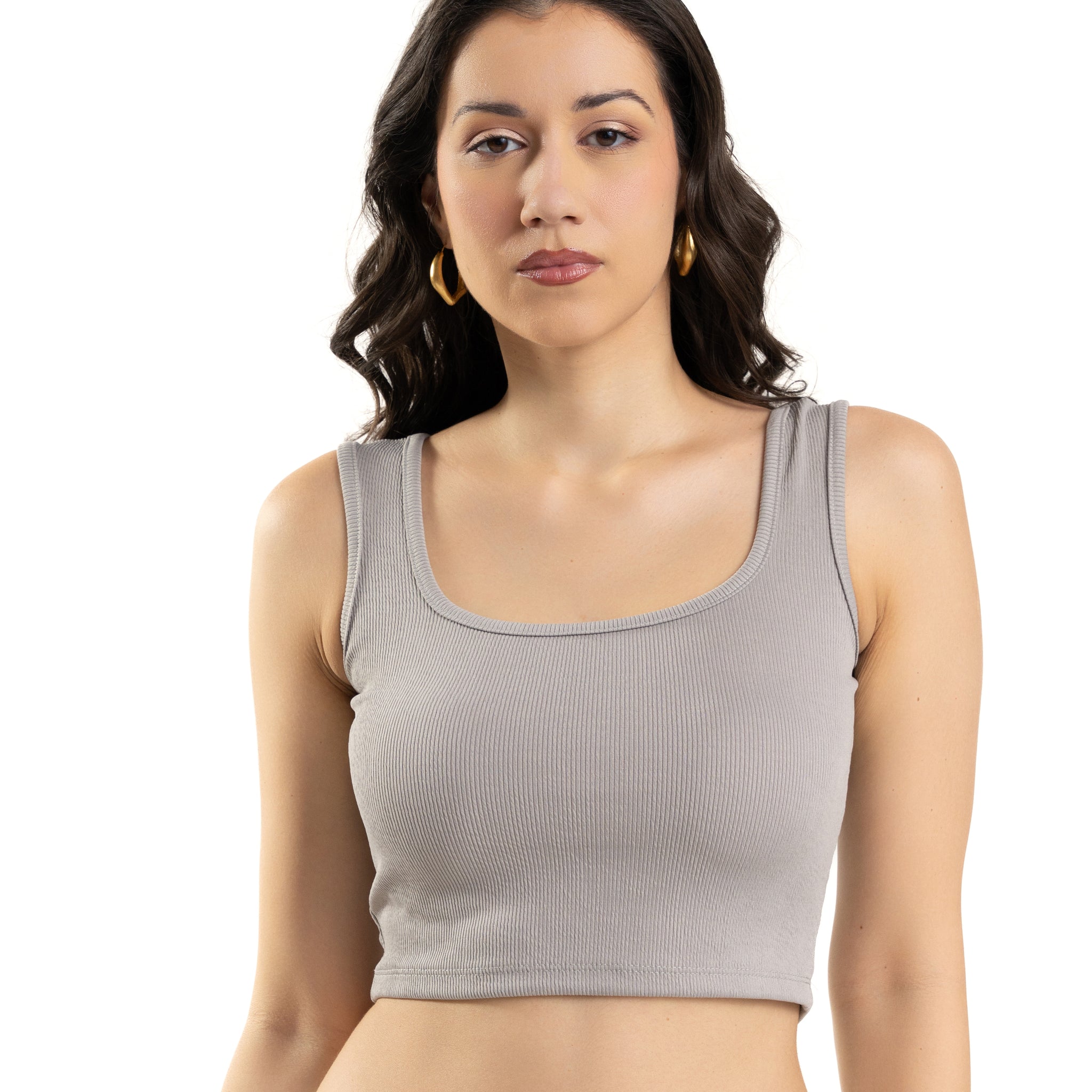 Gray Sleeveless Square Neck Crop Top For Women