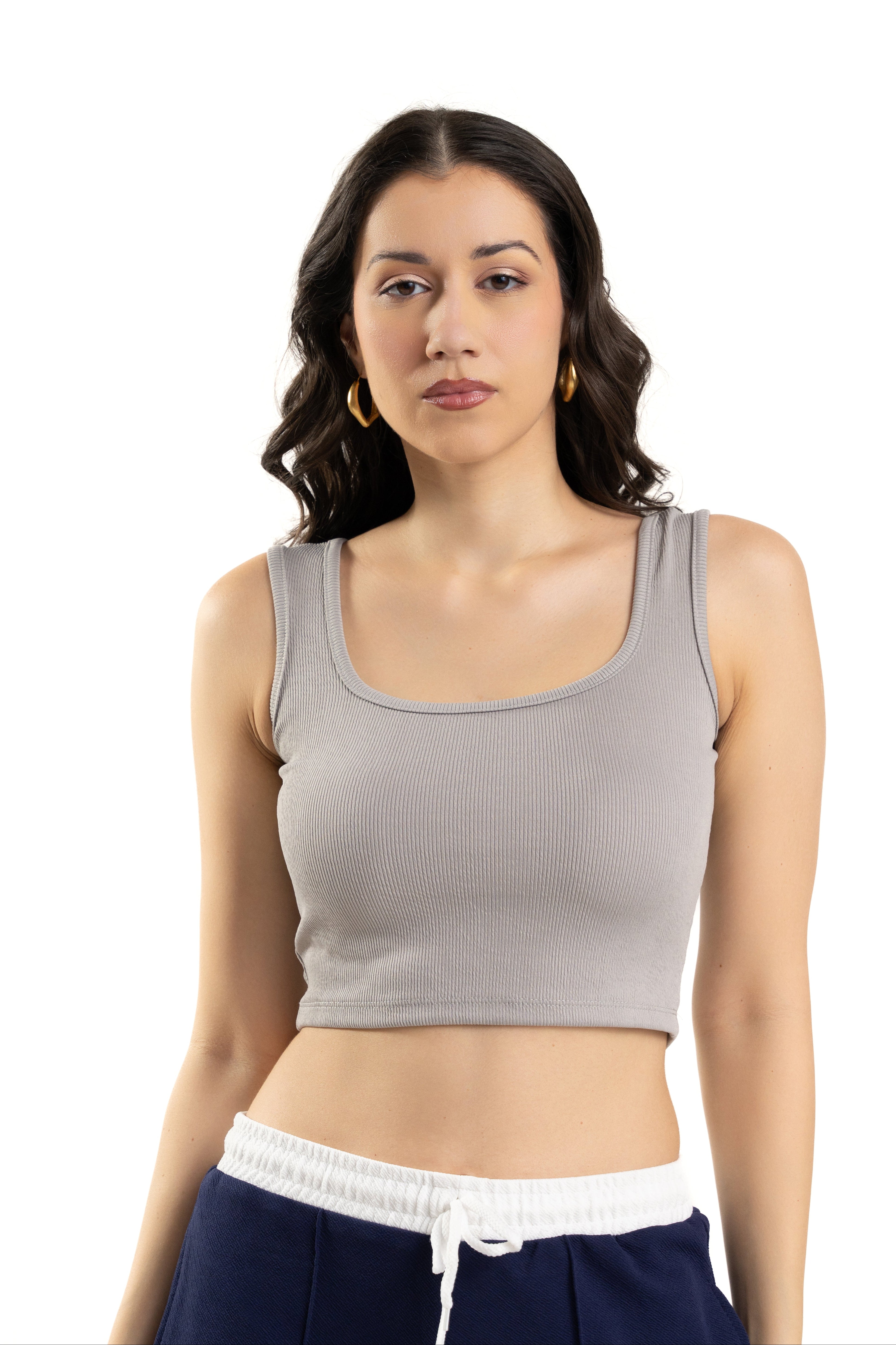 Gray Sleeveless Square Neck Crop Top For Women