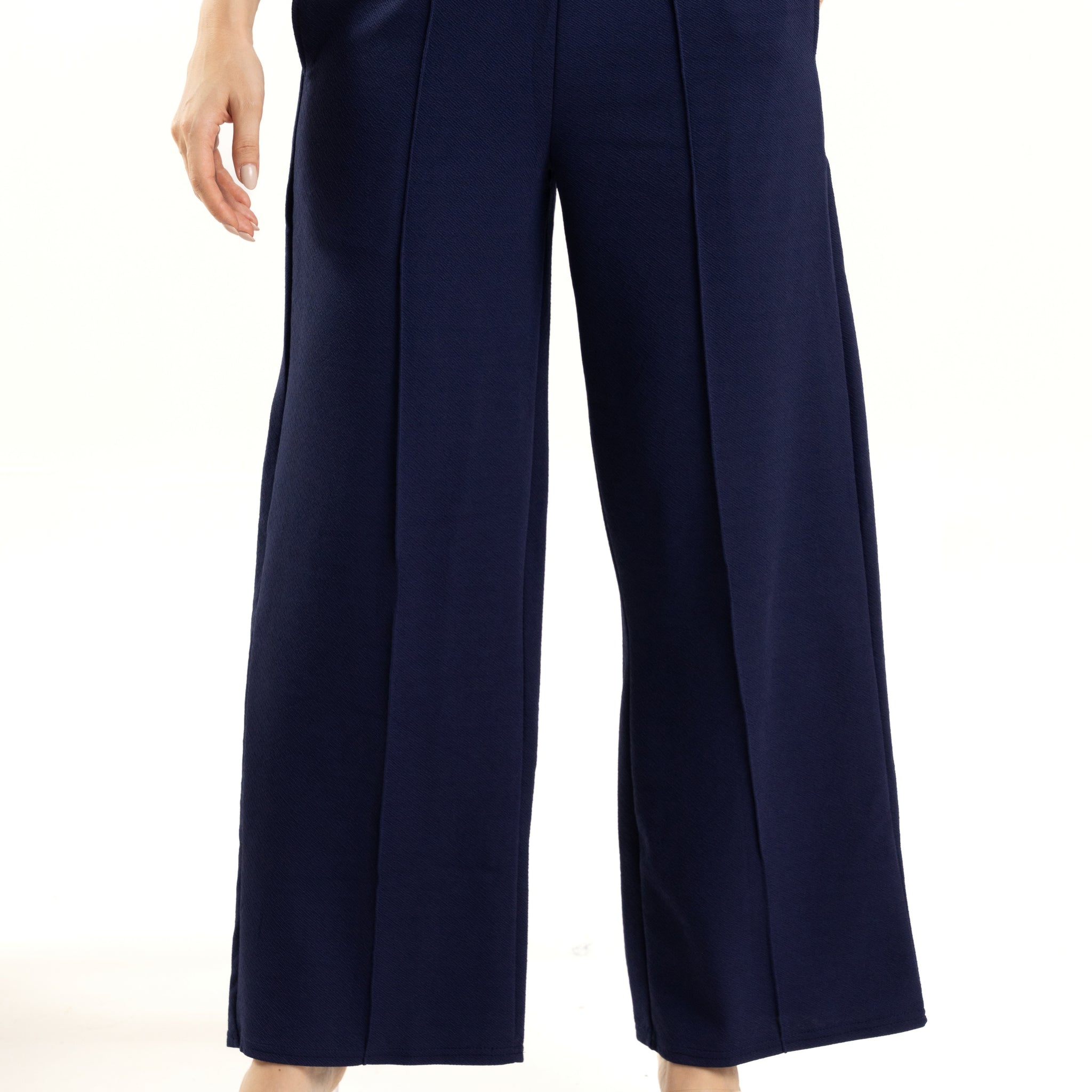 Navy Blue Wide Leg Pants with White Waistband Design