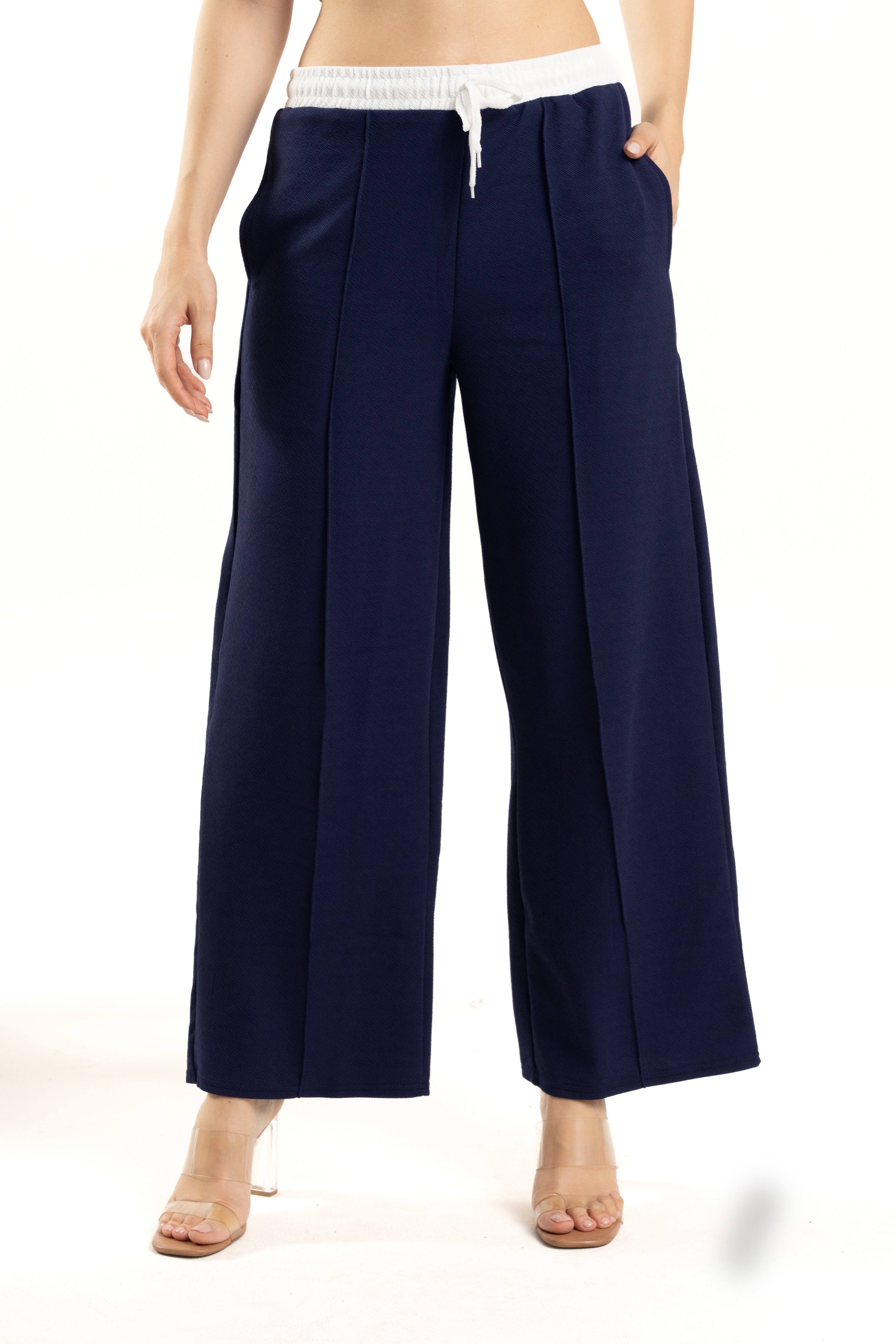 Navy Blue Wide Leg Pants with White Waistband Design