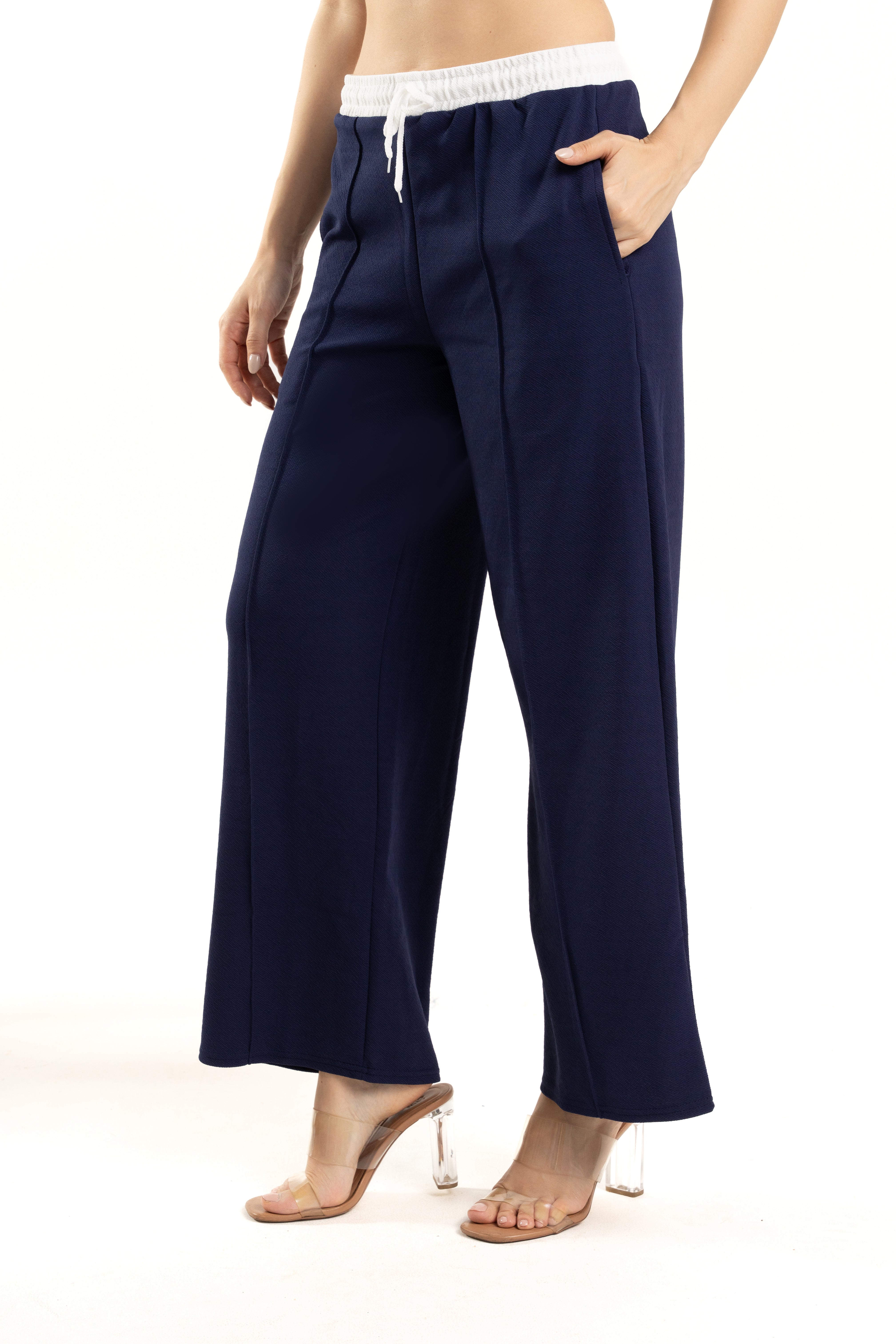 Navy Blue Wide Leg Pants with White Waistband Design
