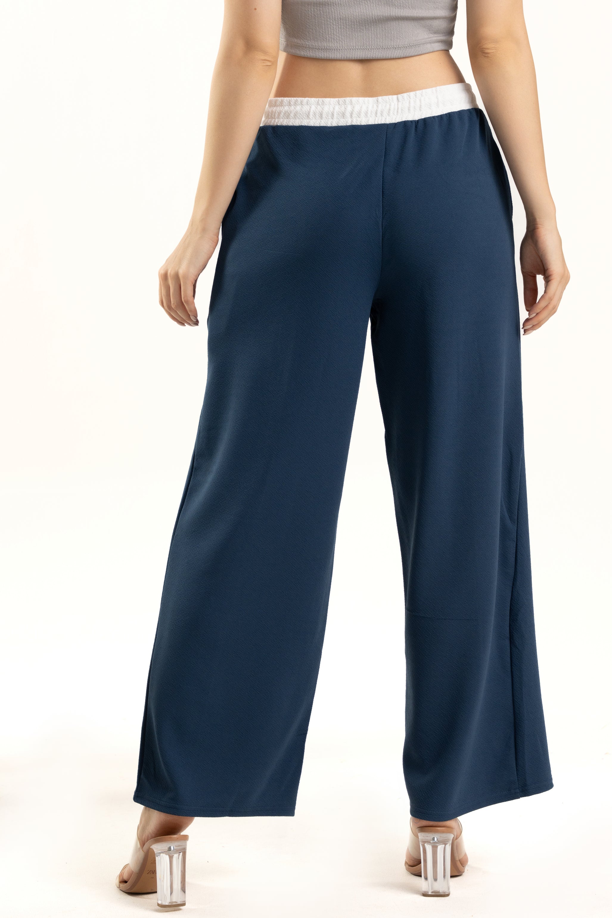Blue Wide Leg Pants with White Waistband Design