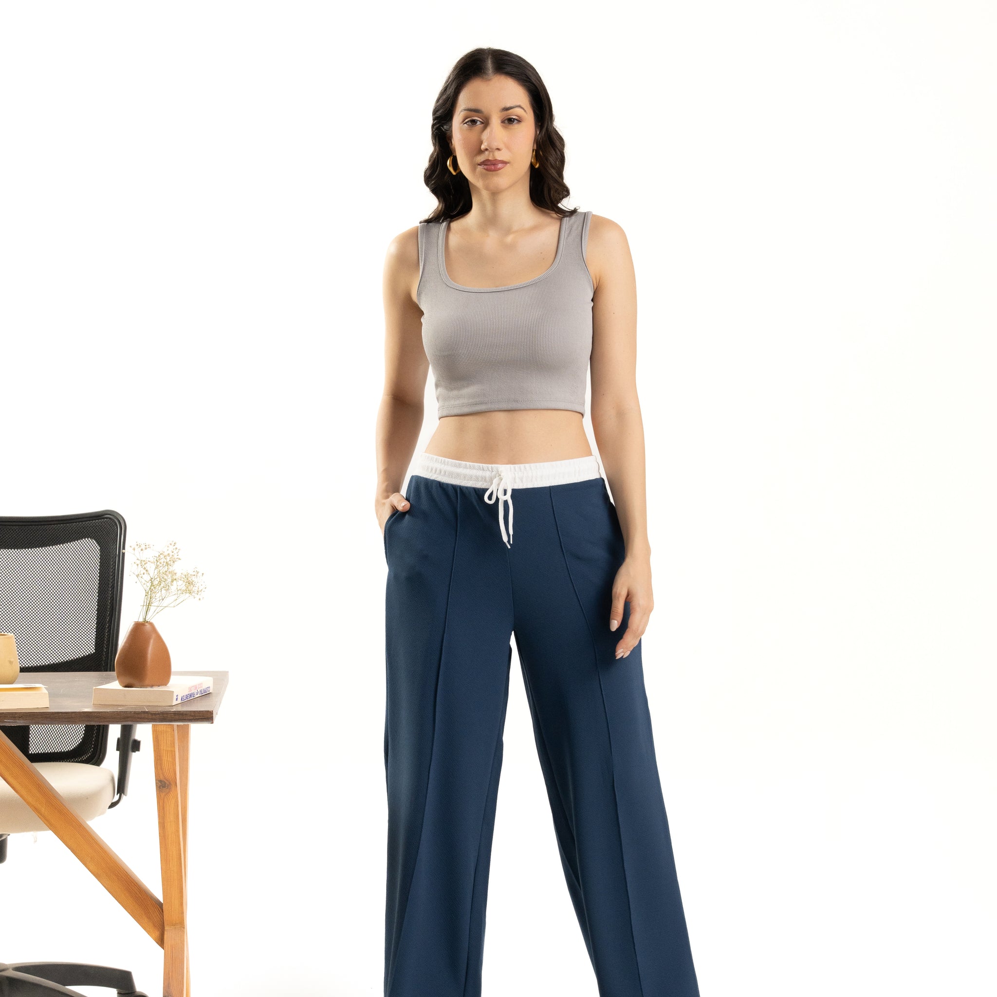 Blue Wide Leg Pants with White Waistband Design