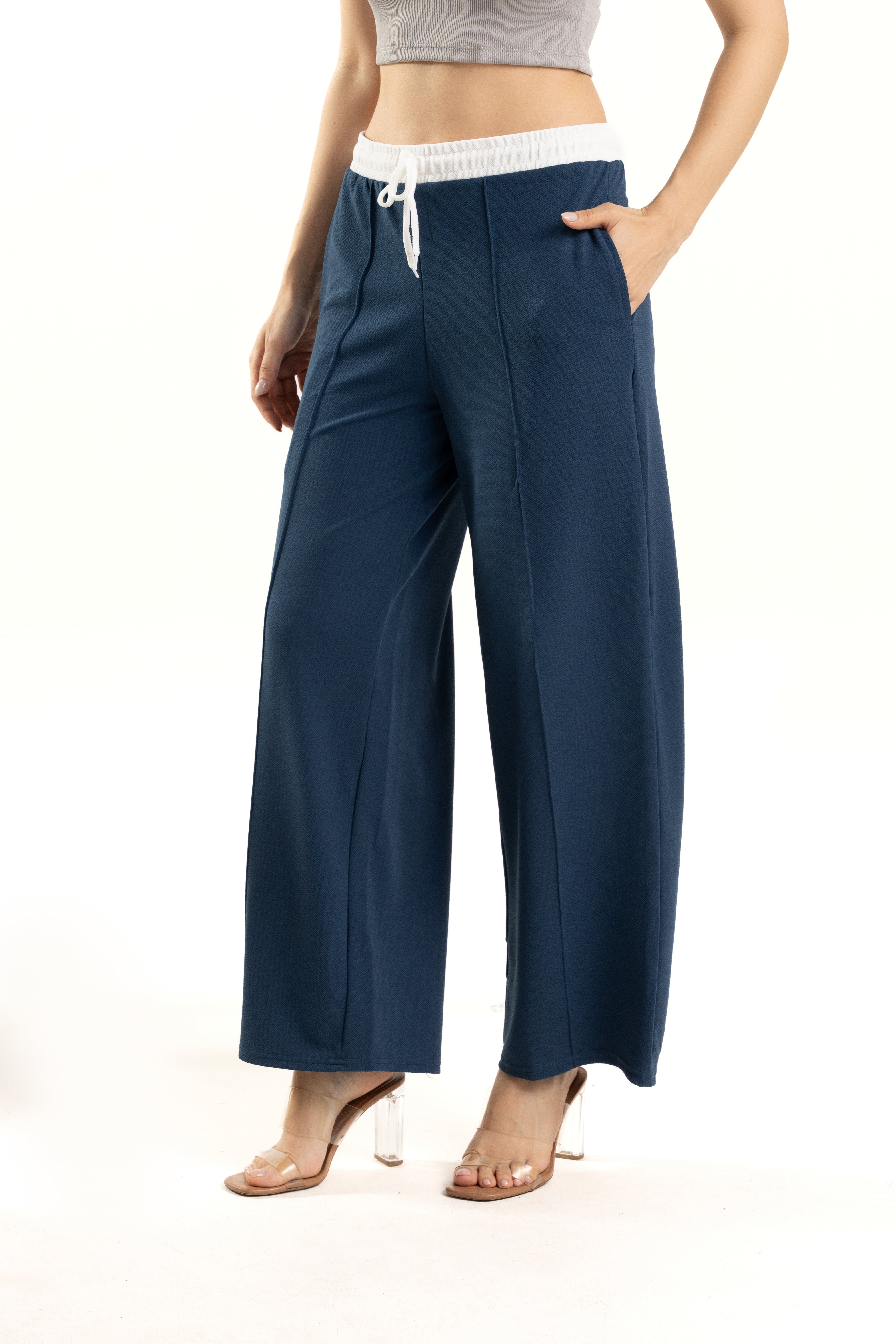 Blue Wide Leg Pants with White Waistband Design