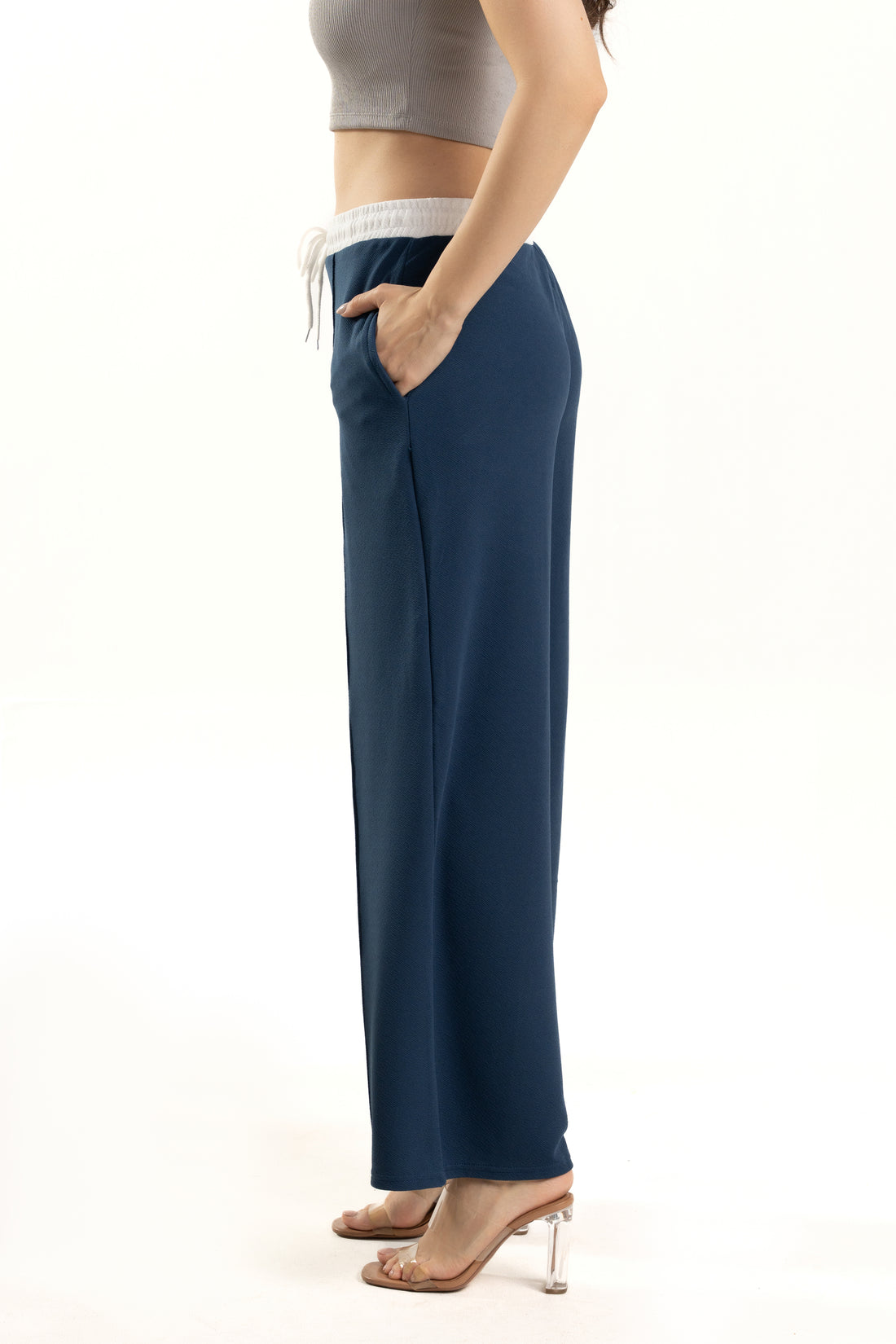 Blue Wide Leg Pants with White Waistband Design