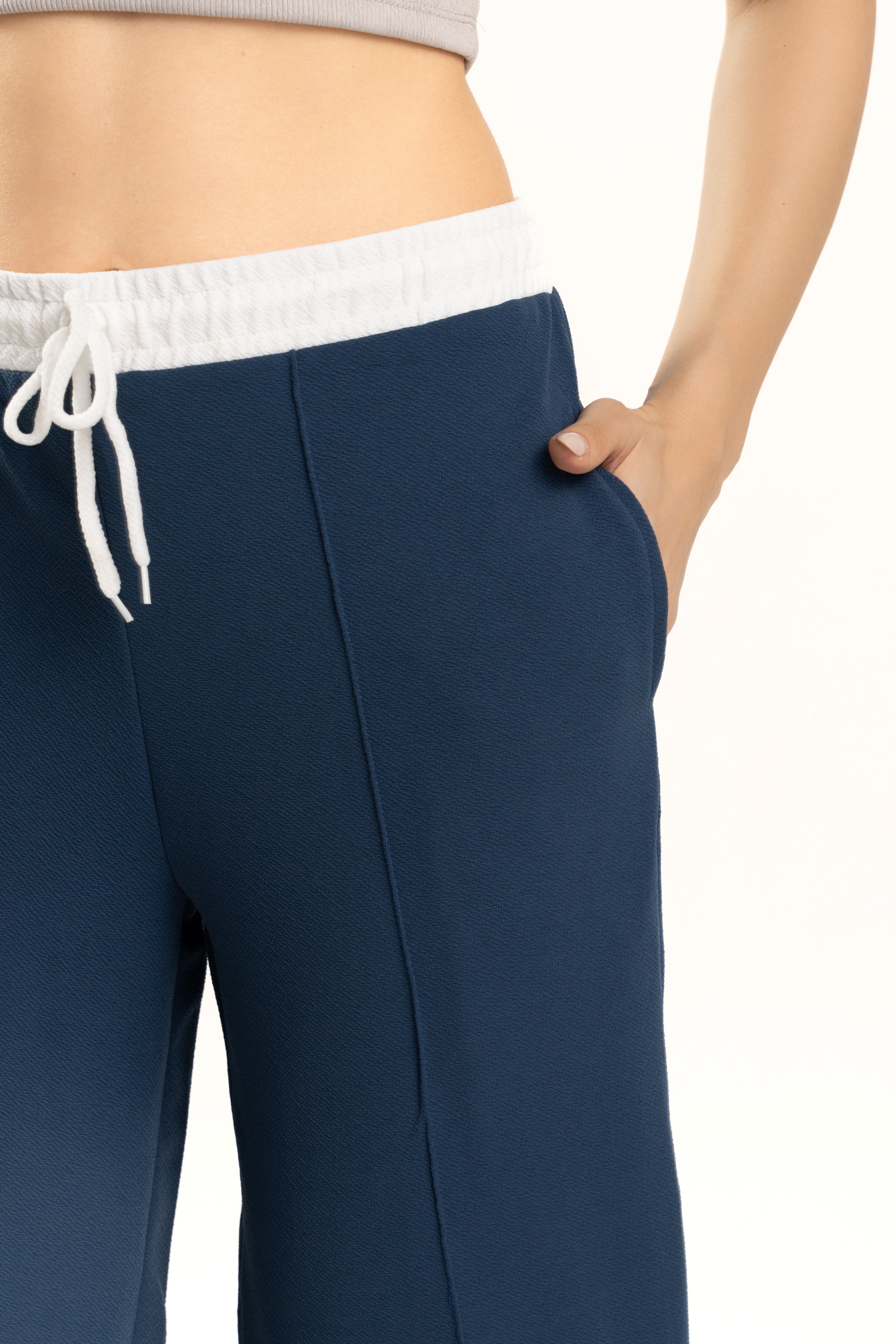 Blue Wide Leg Pants with White Waistband Design