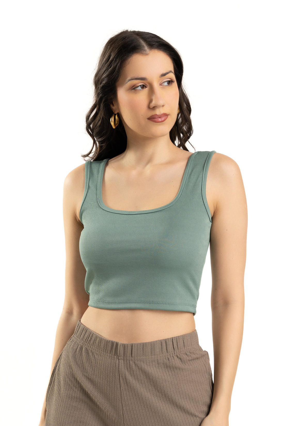 Turquoise Sleeveless Square Neck Crop Top For Women
