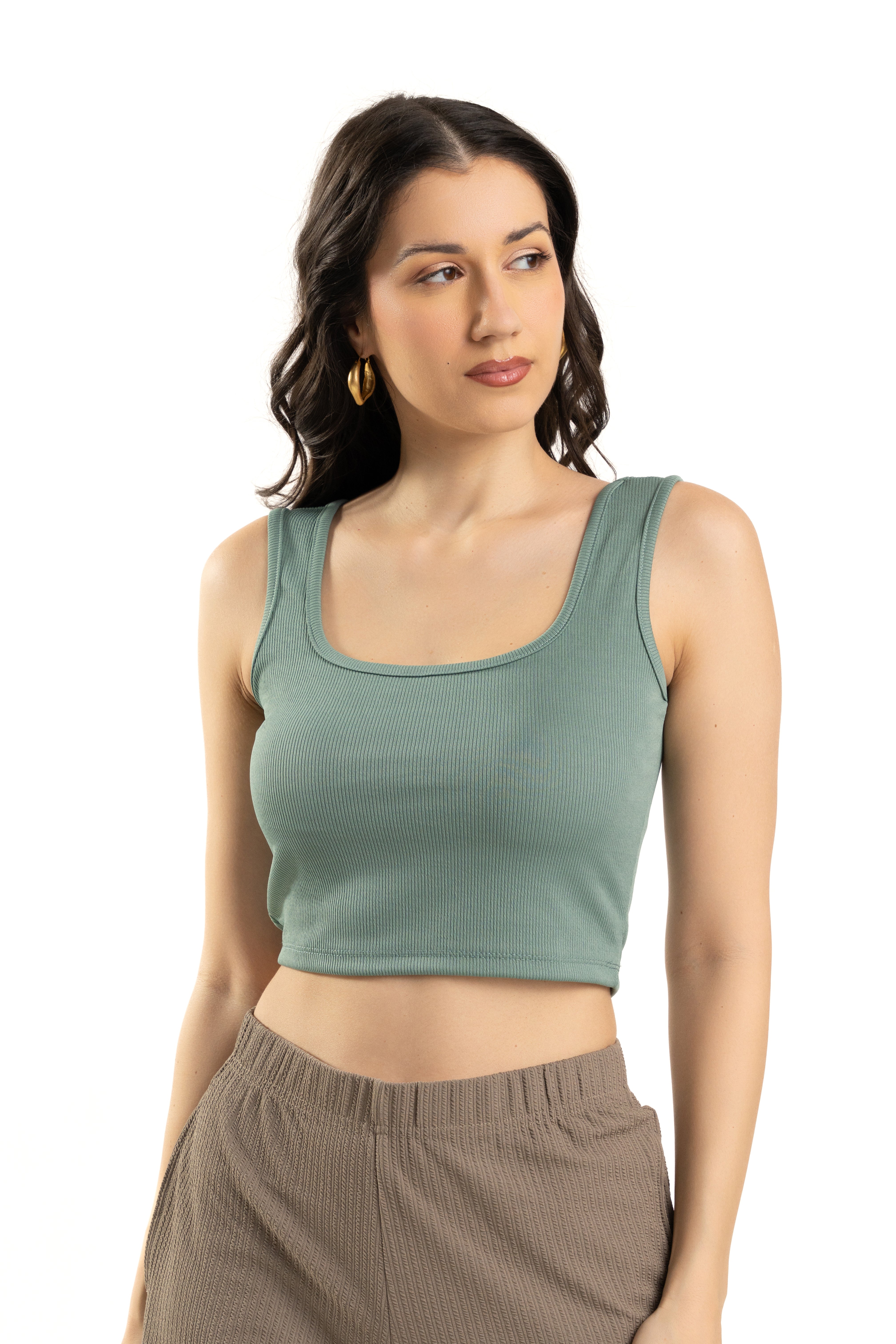 Turquoise Sleeveless Square Neck Crop Top For Women
