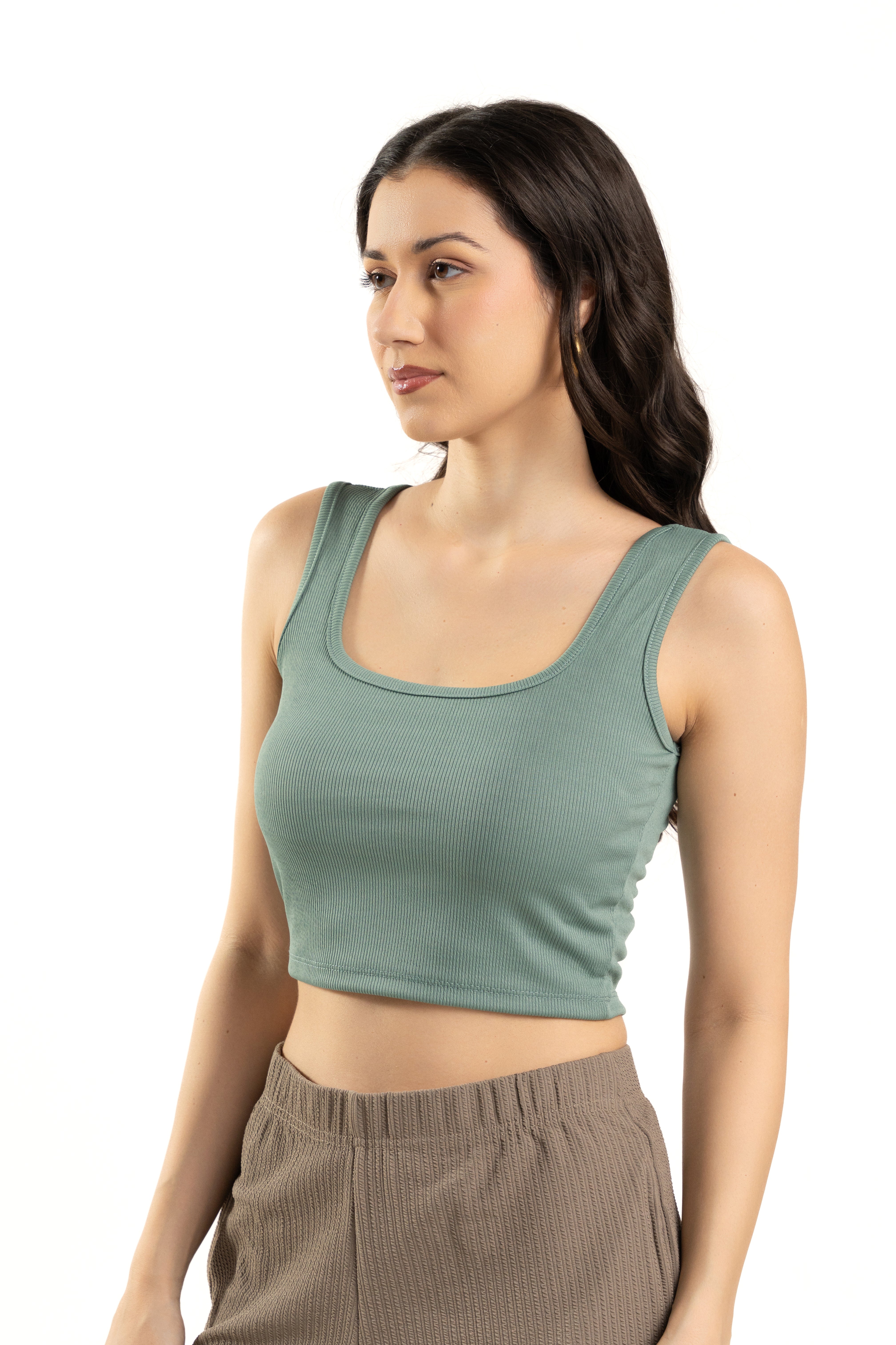 Turquoise Sleeveless Square Neck Crop Top For Women