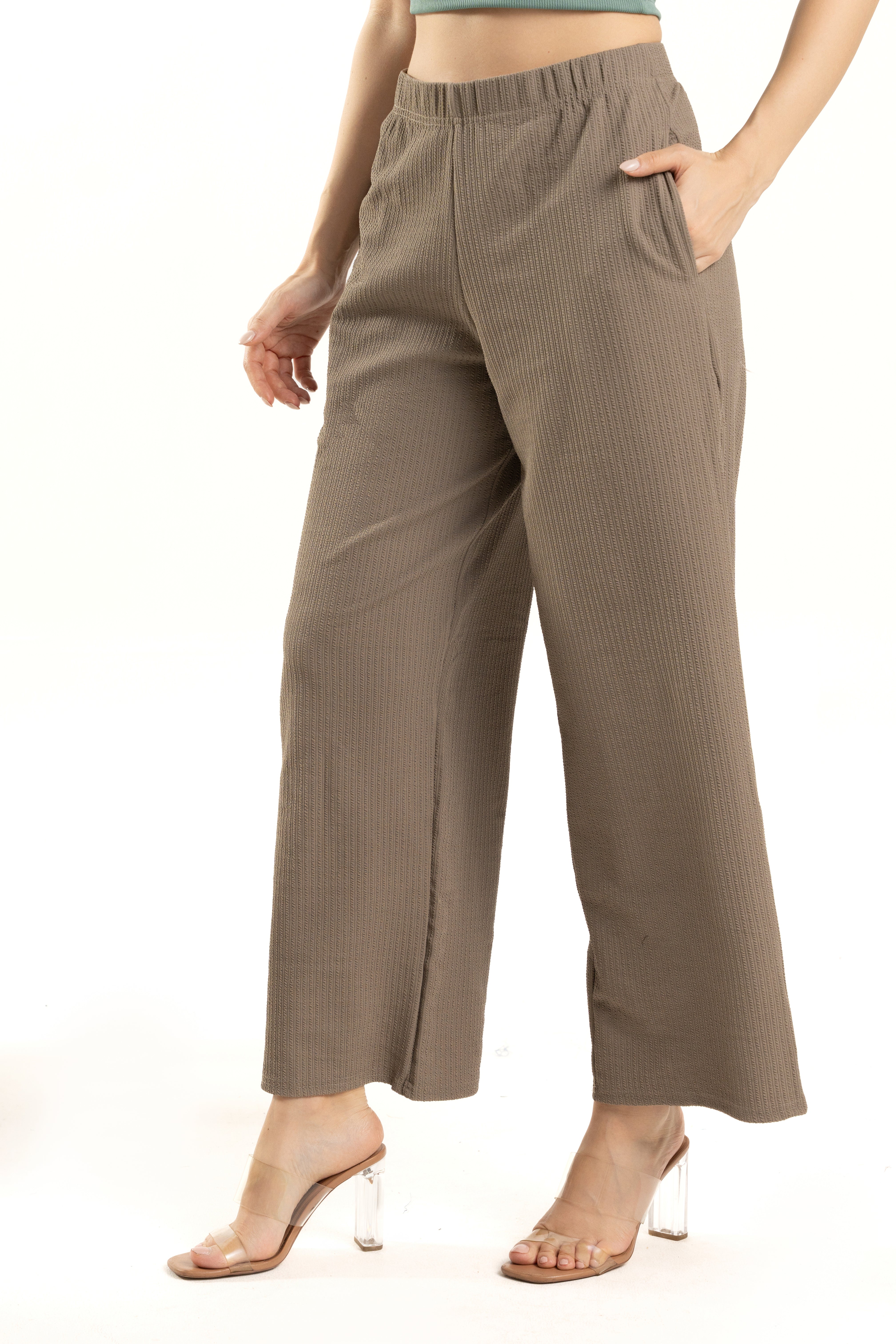 Gray Ribbed Pants with Elasticated Waistband
