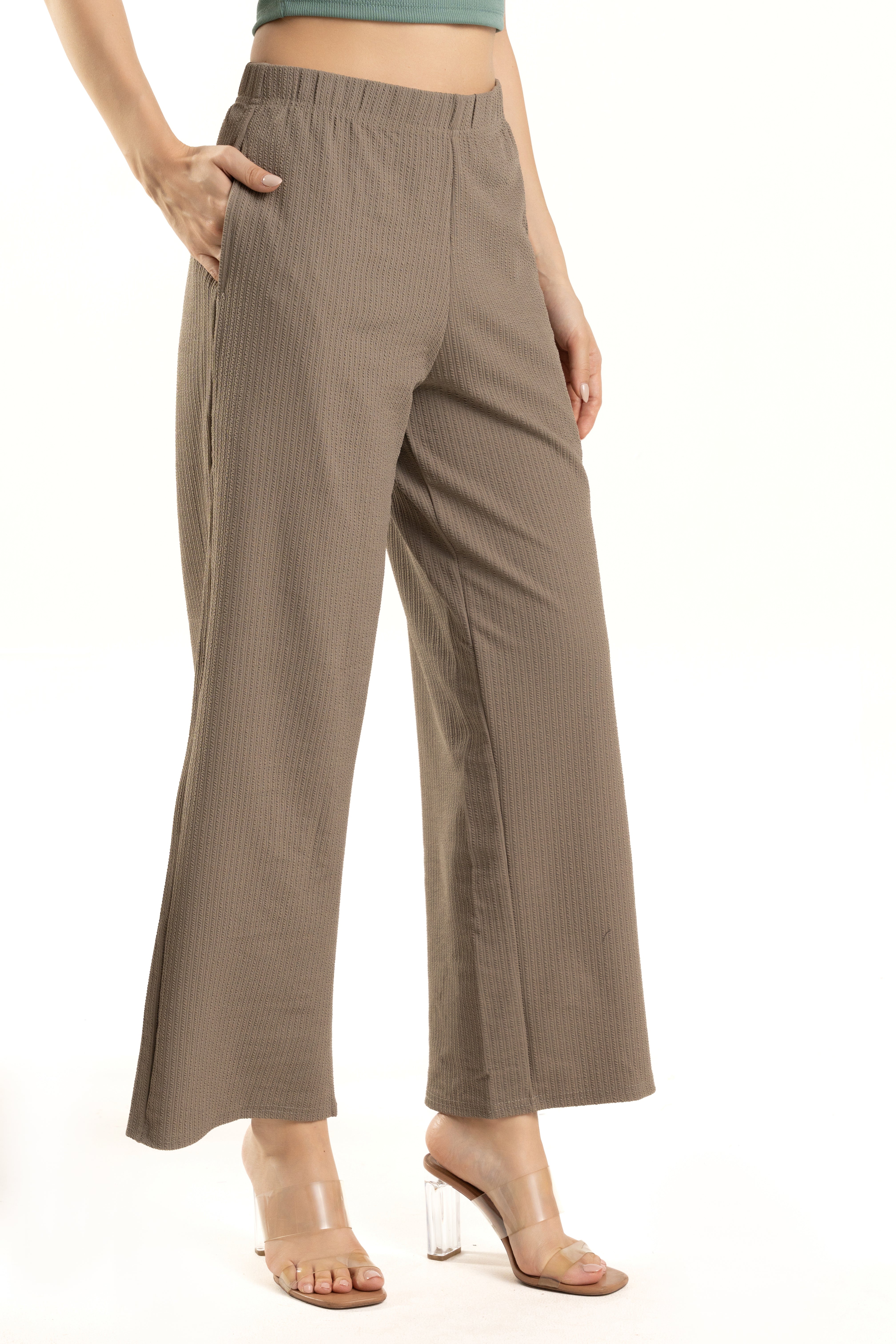Gray Ribbed Pants with Elasticated Waistband