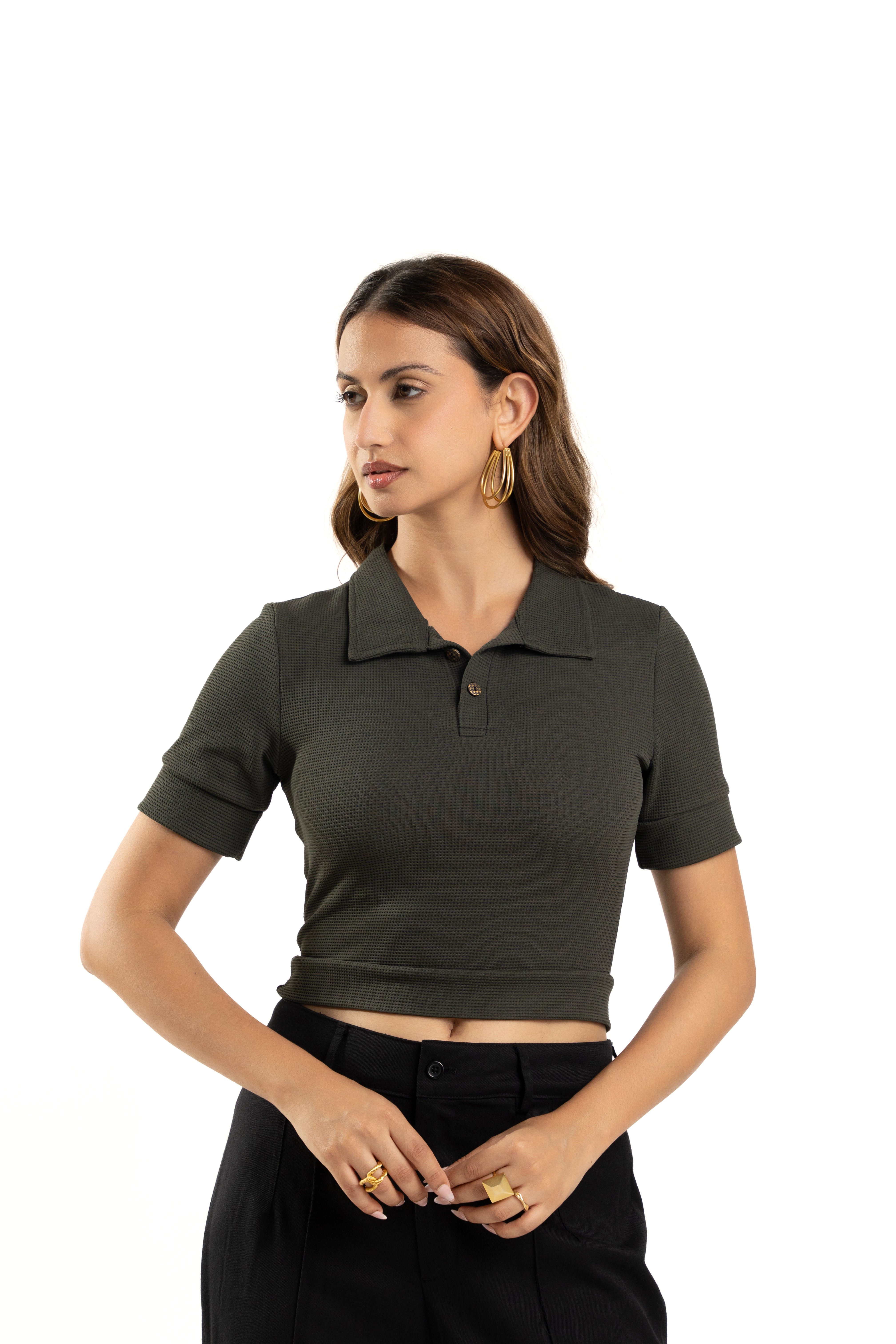 Dark Green Collared Top for Women Stylish Summer Wear