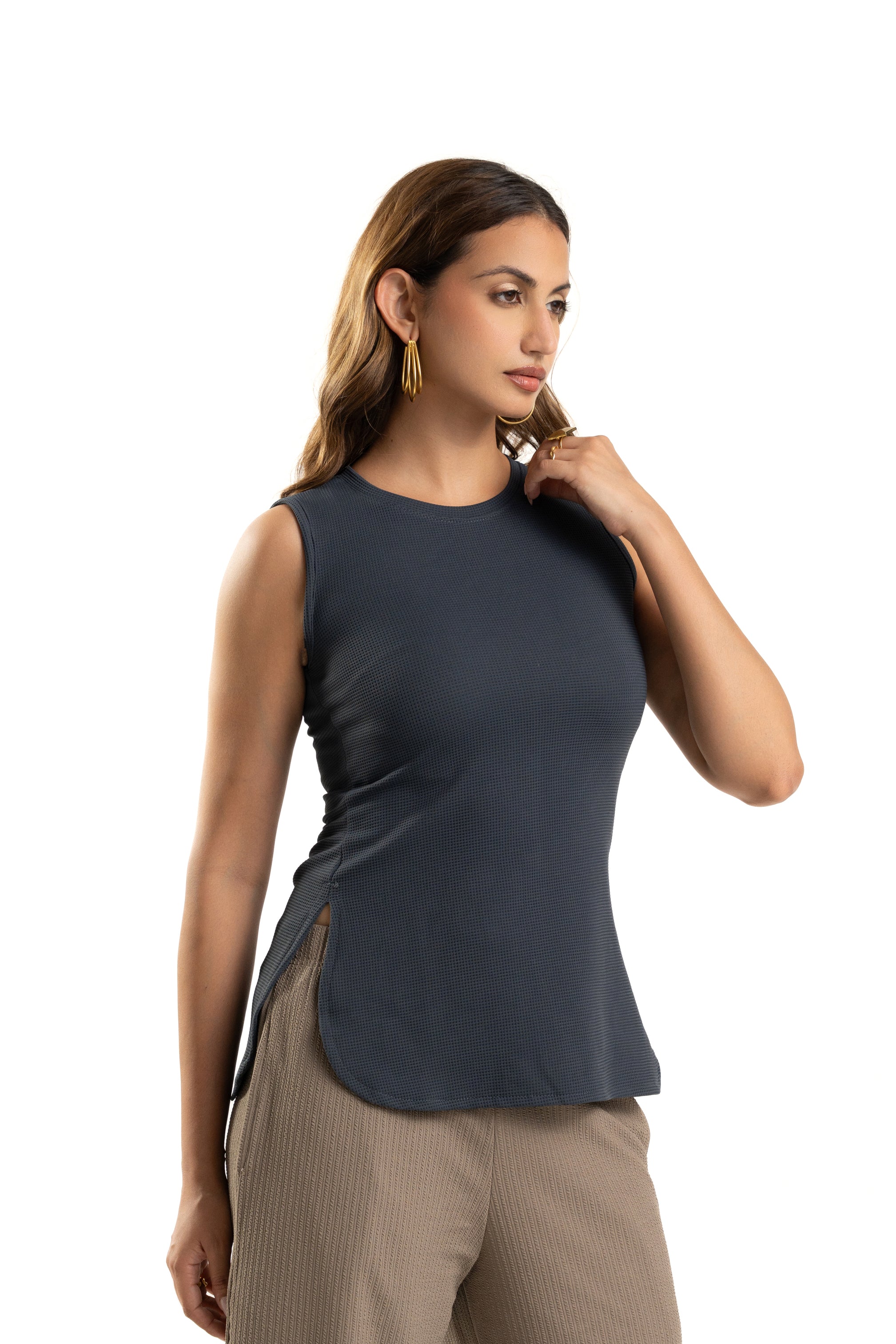 Gray Sleeveless Curve Hem Top For Women