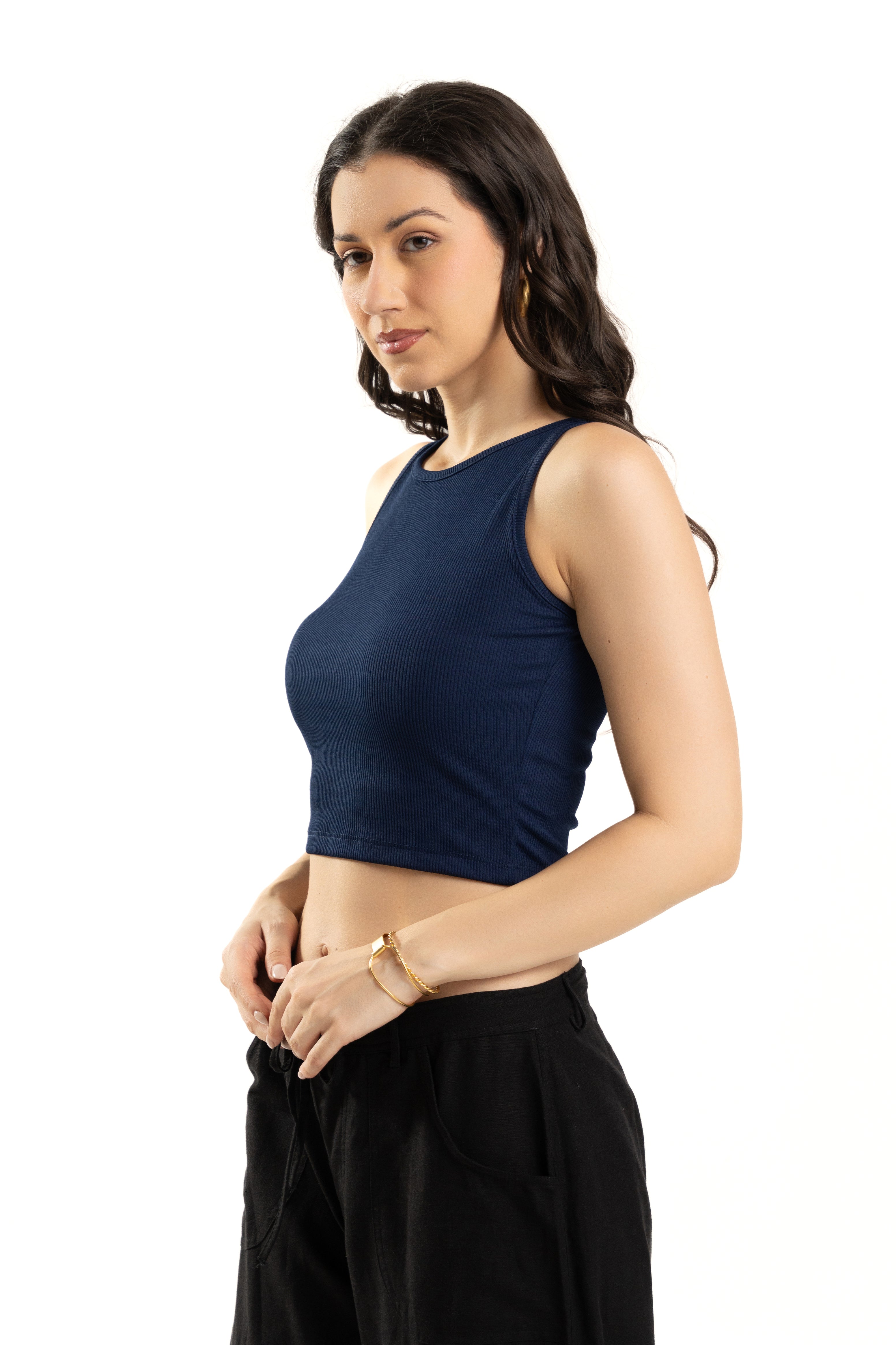 Navy Blue Sleeveless High Neck Tank Top For Women