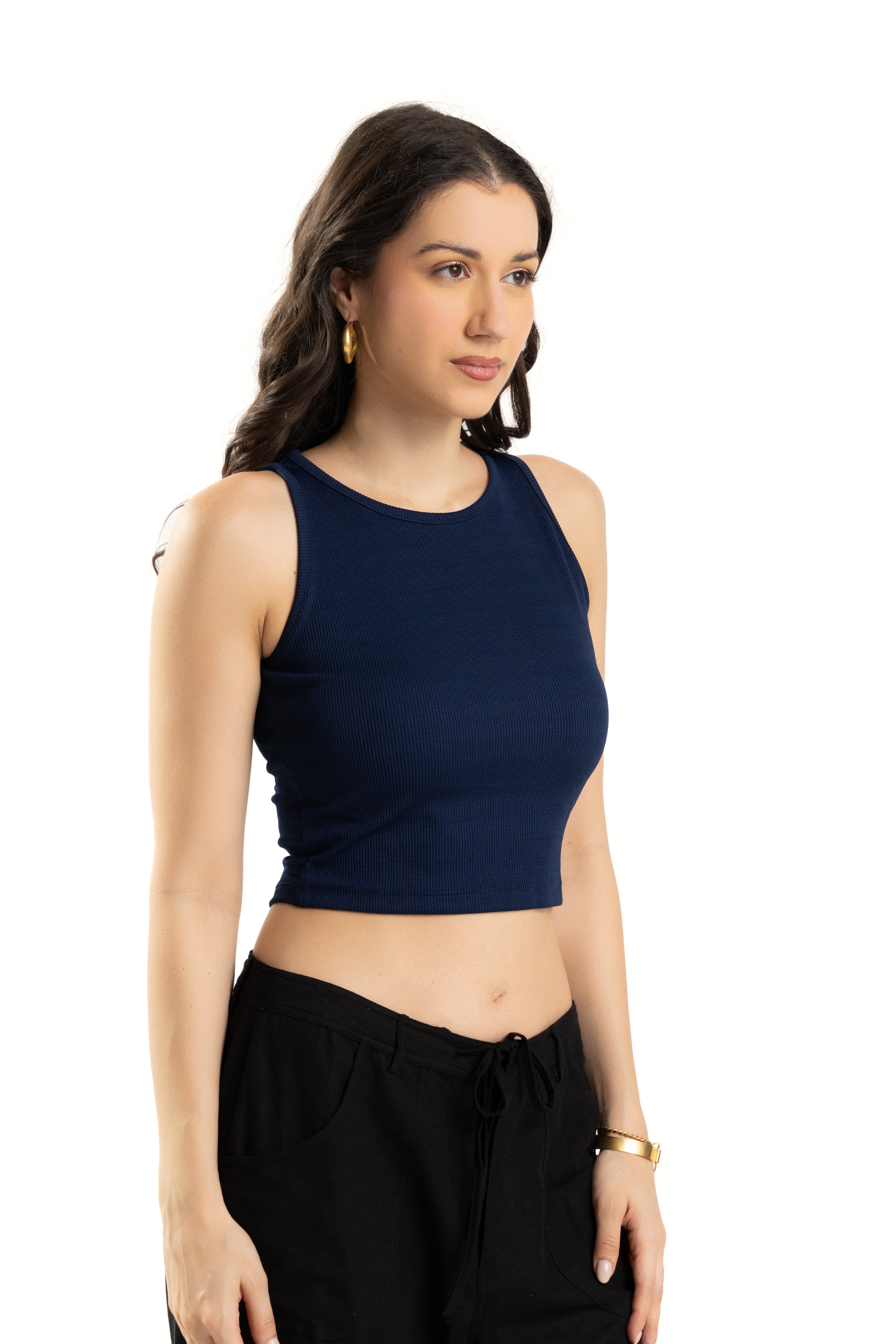 Navy Blue Sleeveless High Neck Tank Top For Women