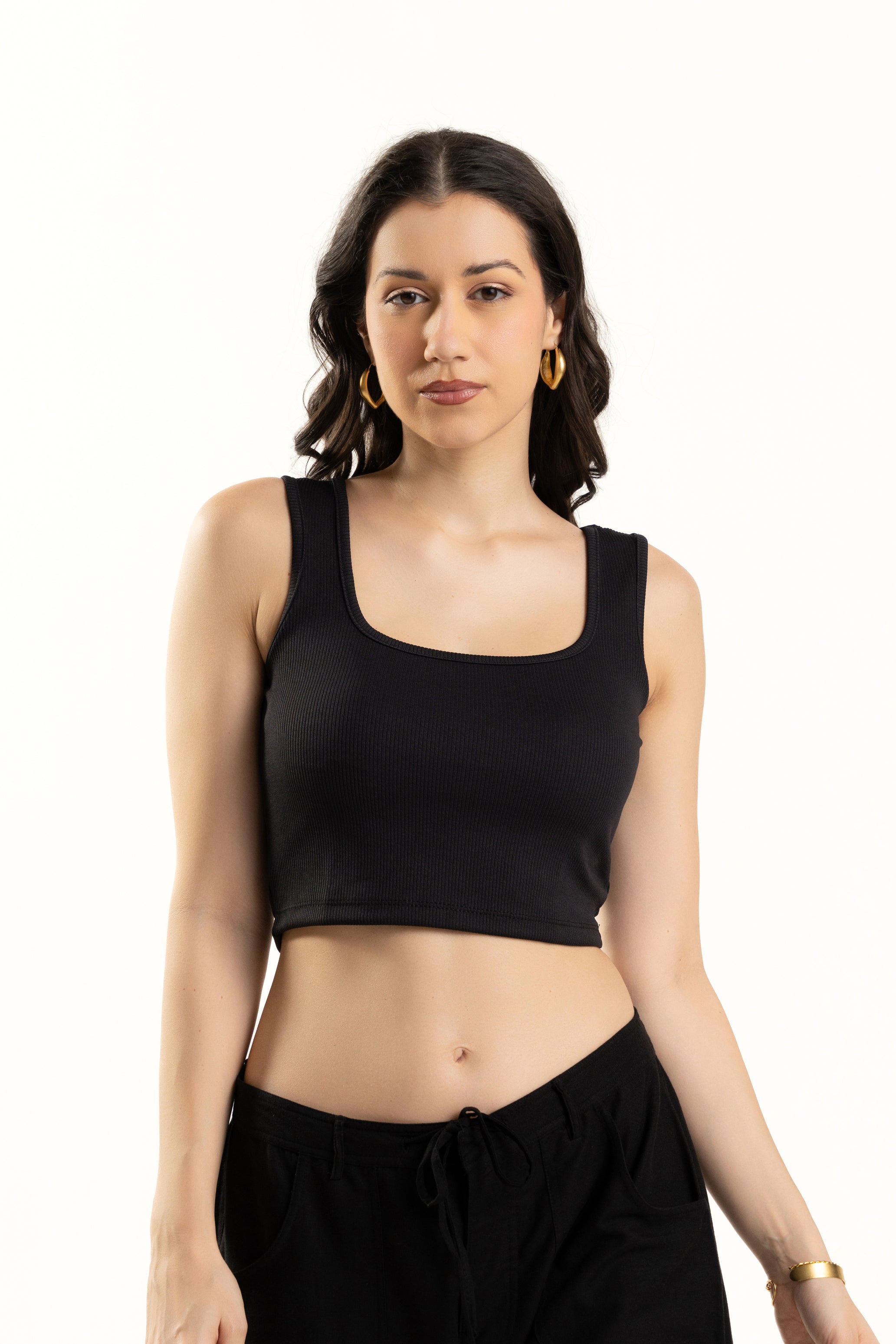 Black Sleeveless Square Neck Crop Top For Women