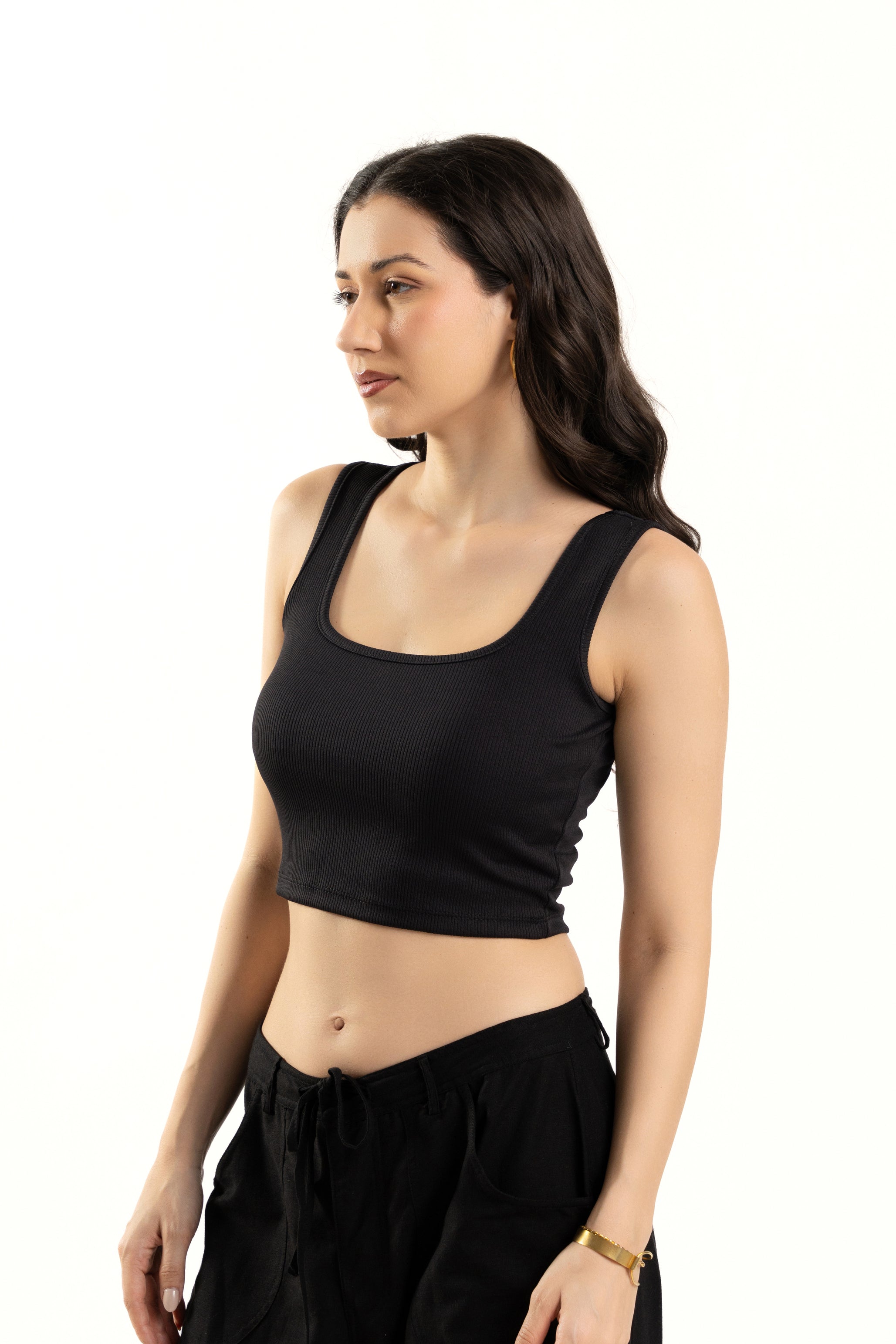 Black Sleeveless Square Neck Crop Top For Women