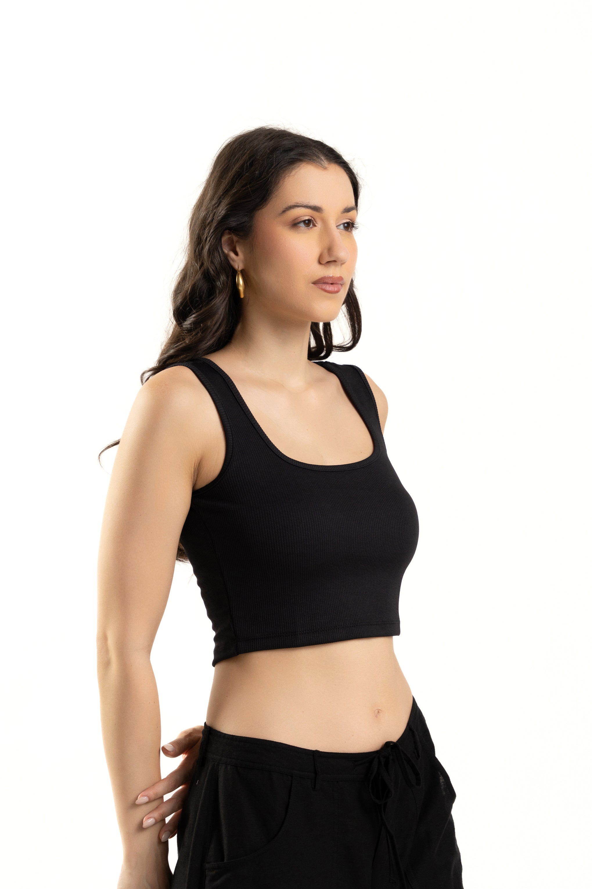 Black Sleeveless Square Neck Crop Top For Women