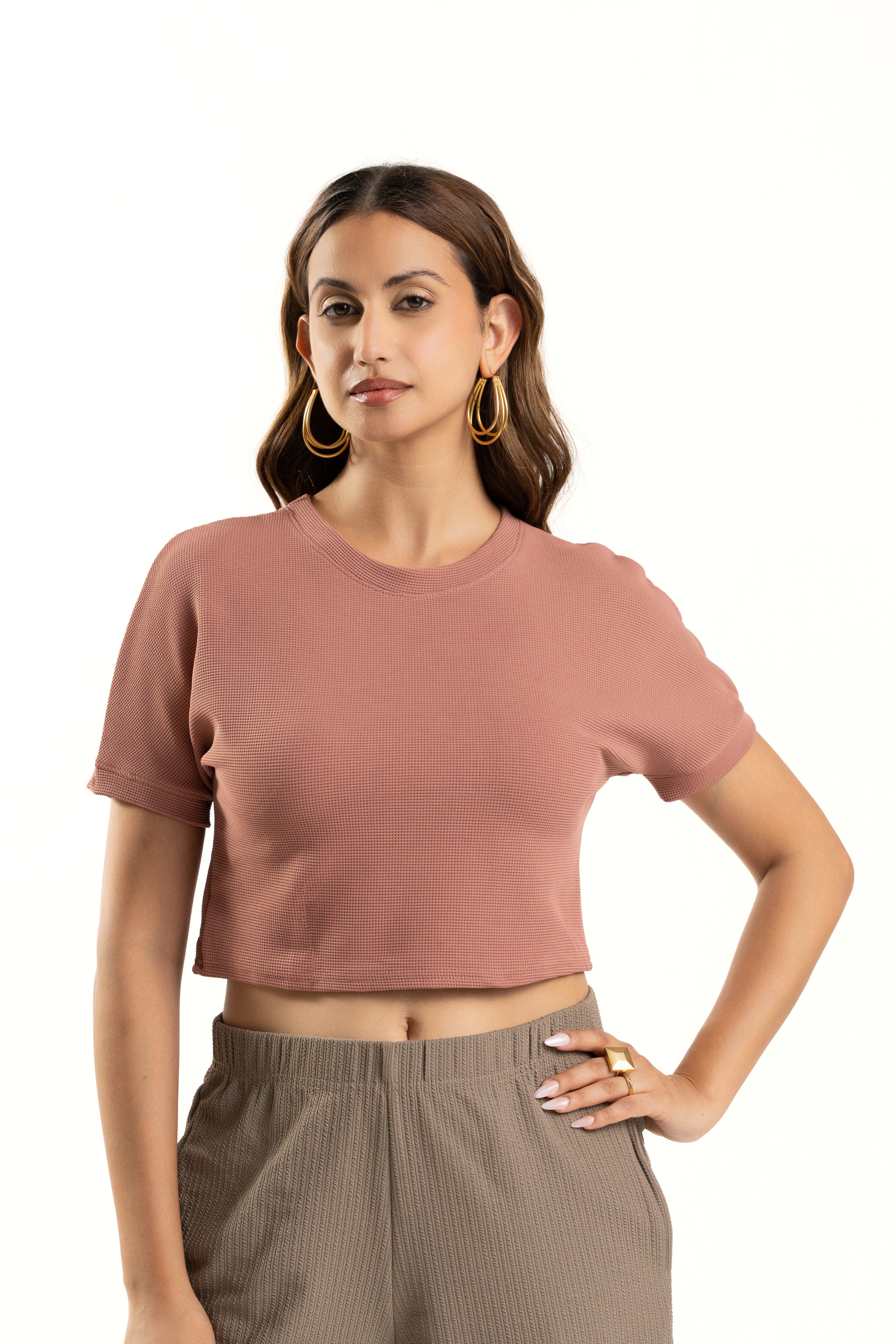Pink Crop Top for Women Casual Round Neck Summer Wear