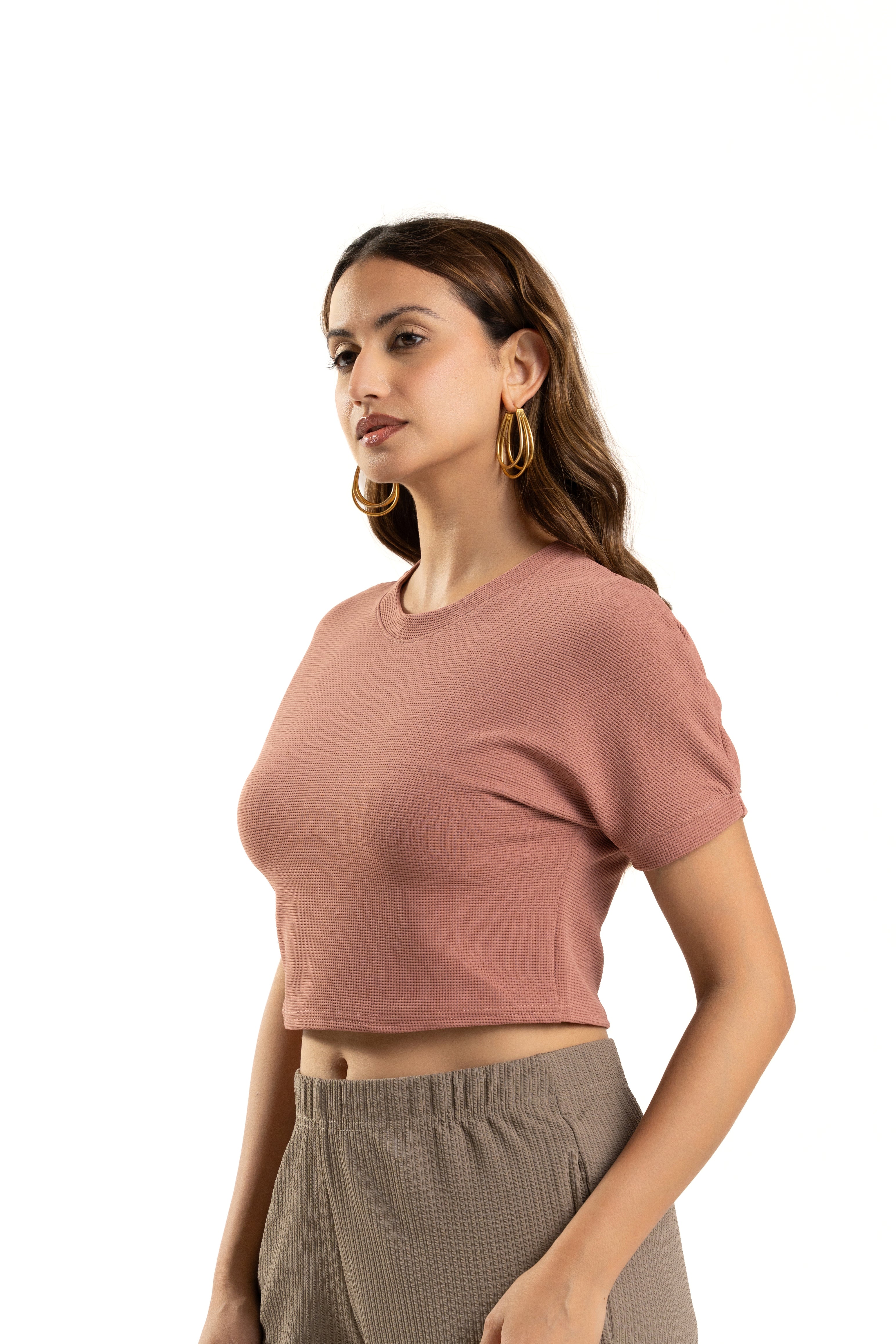 Pink Crop Top for Women Casual Round Neck Summer Wear