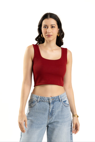 Maroon Sleeveless Square Neck Crop Top For Women