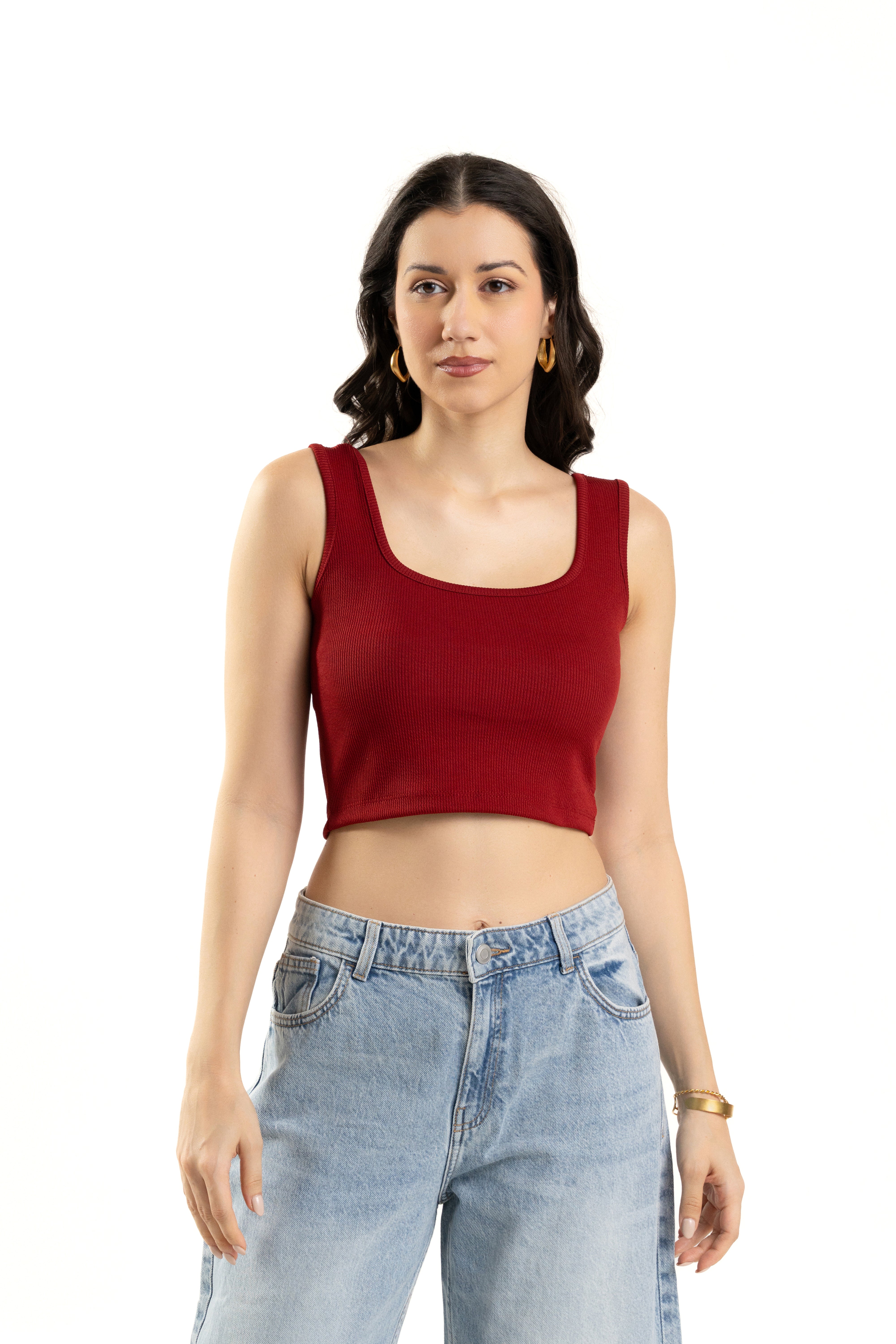 Maroon Sleeveless Square Neck Crop Top For Women