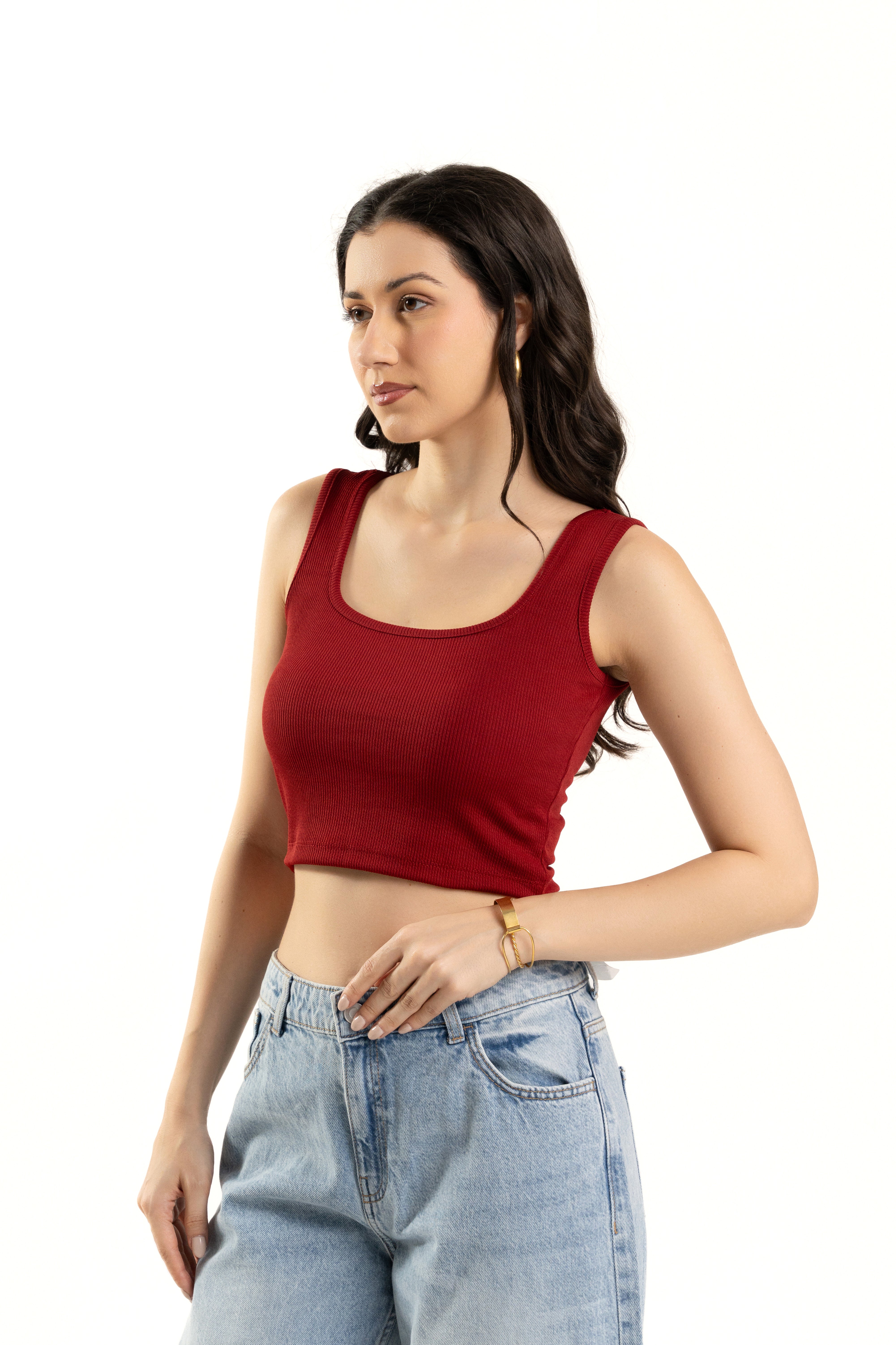 Maroon Sleeveless Square Neck Crop Top For Women