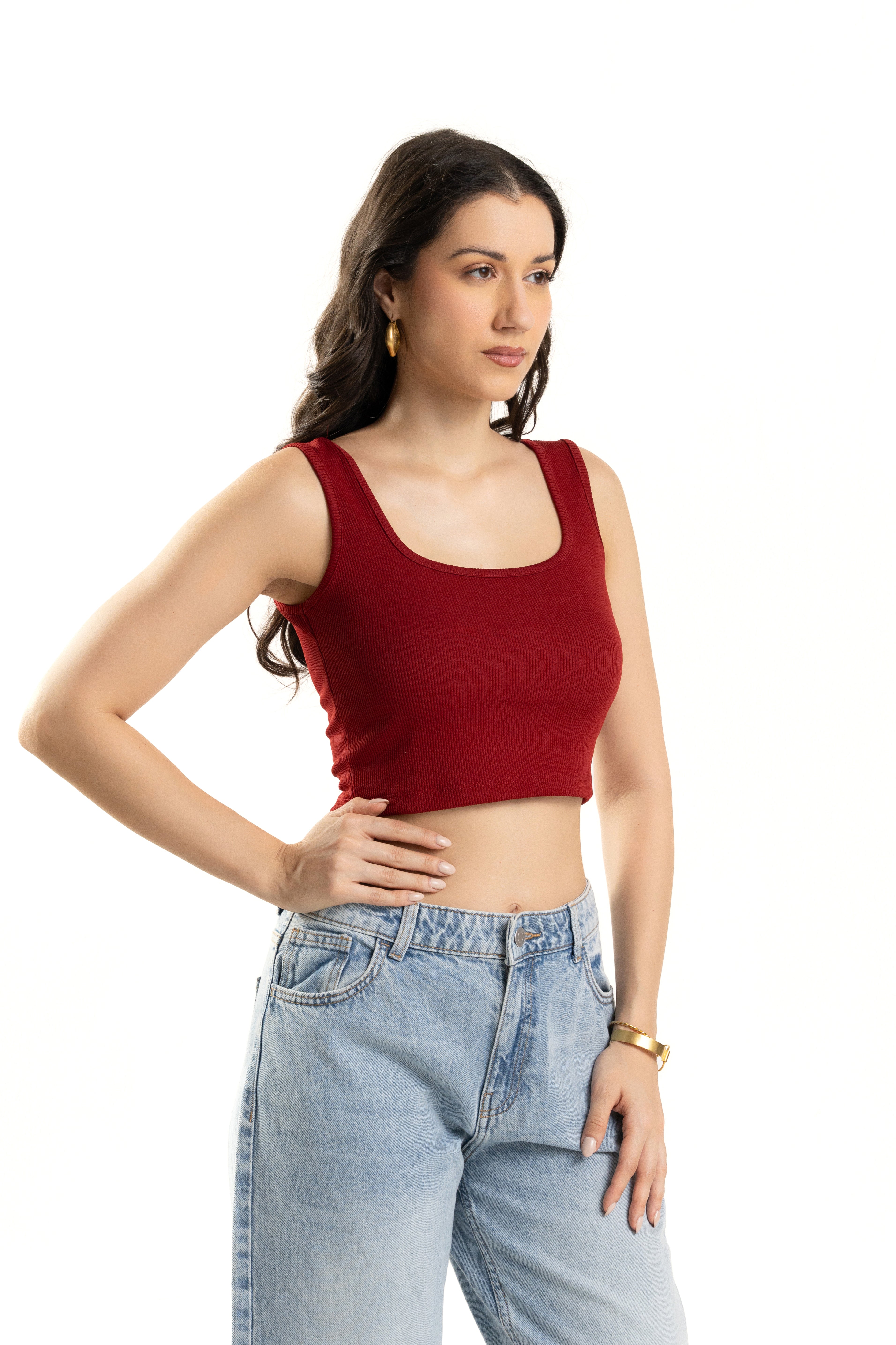 Maroon Sleeveless Square Neck Crop Top For Women
