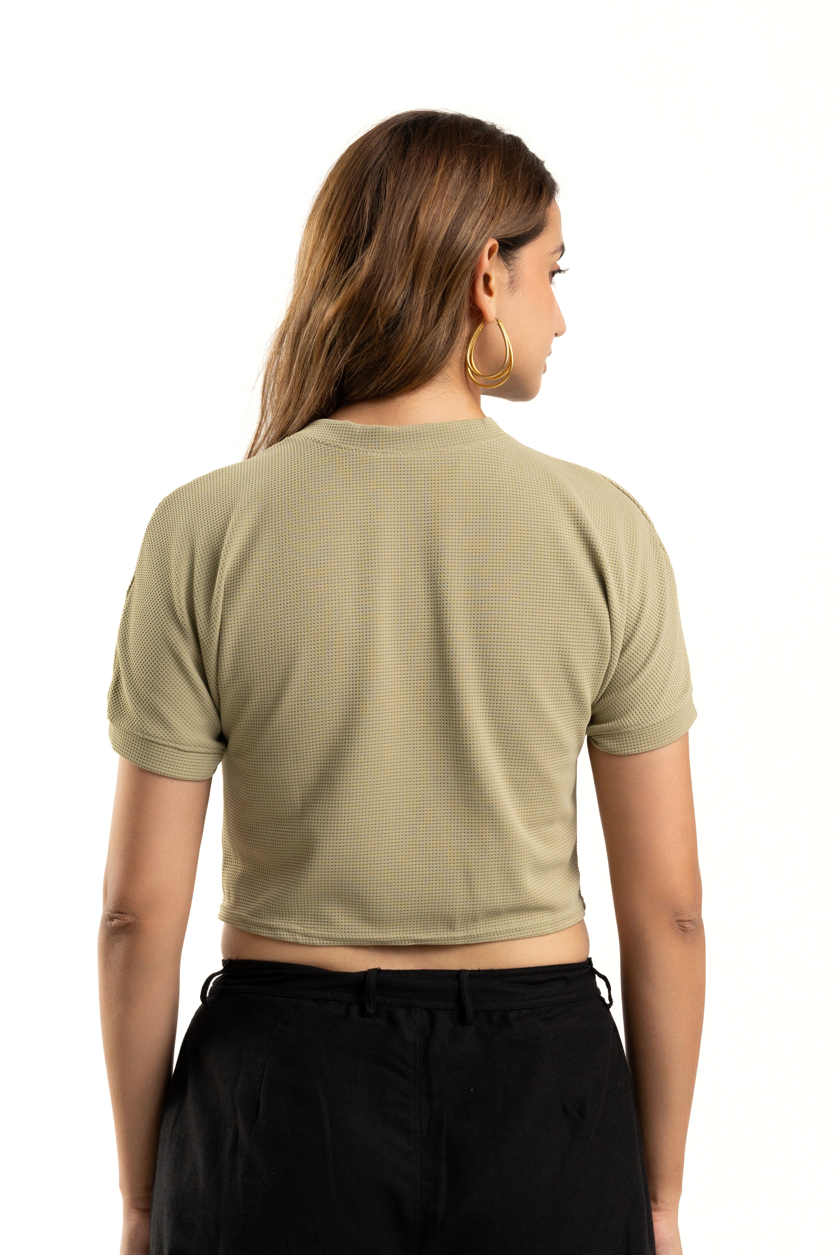 Green Crop Top for Women Casual Round Neck Summer Wear
