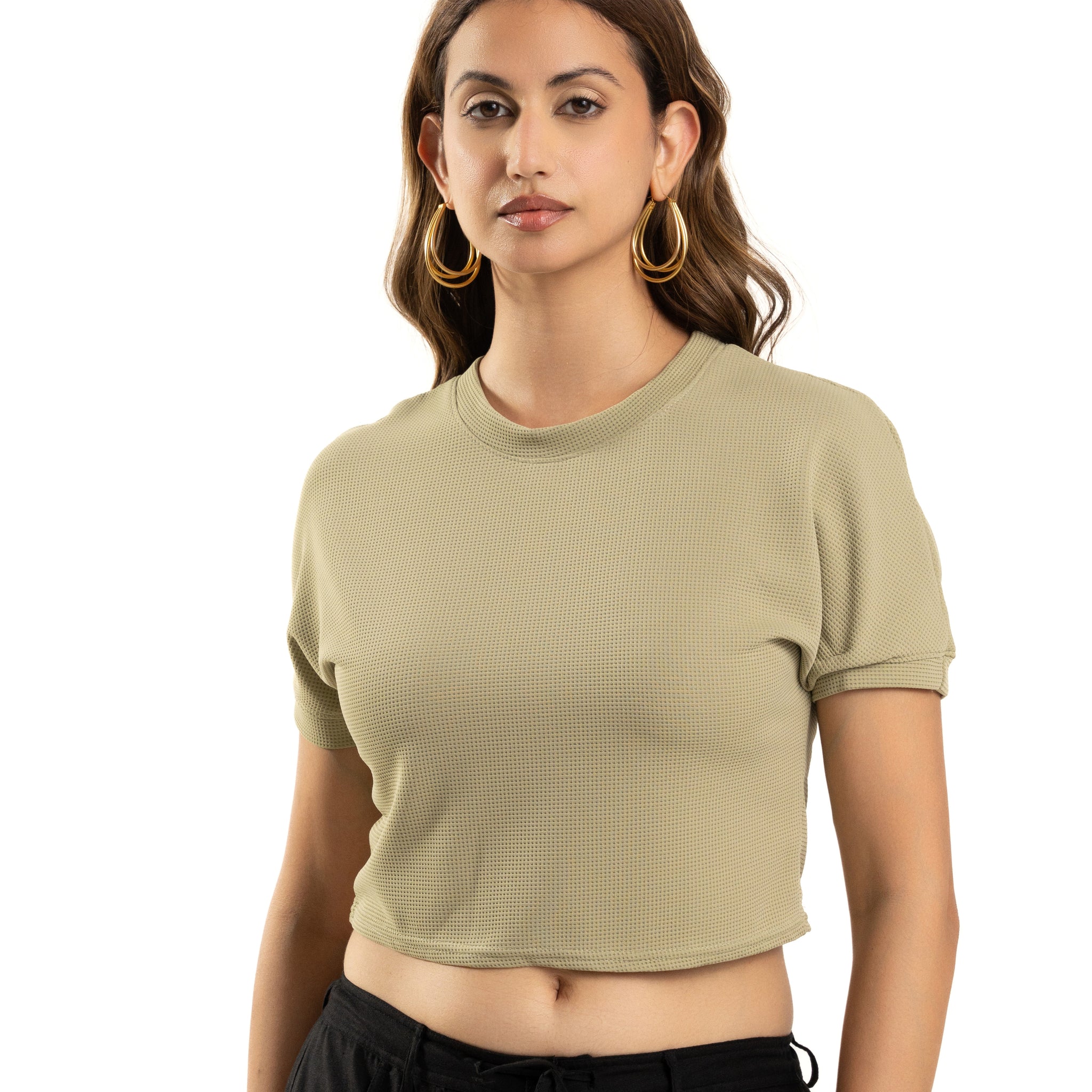 Green Crop Top for Women Casual Round Neck Summer Wear