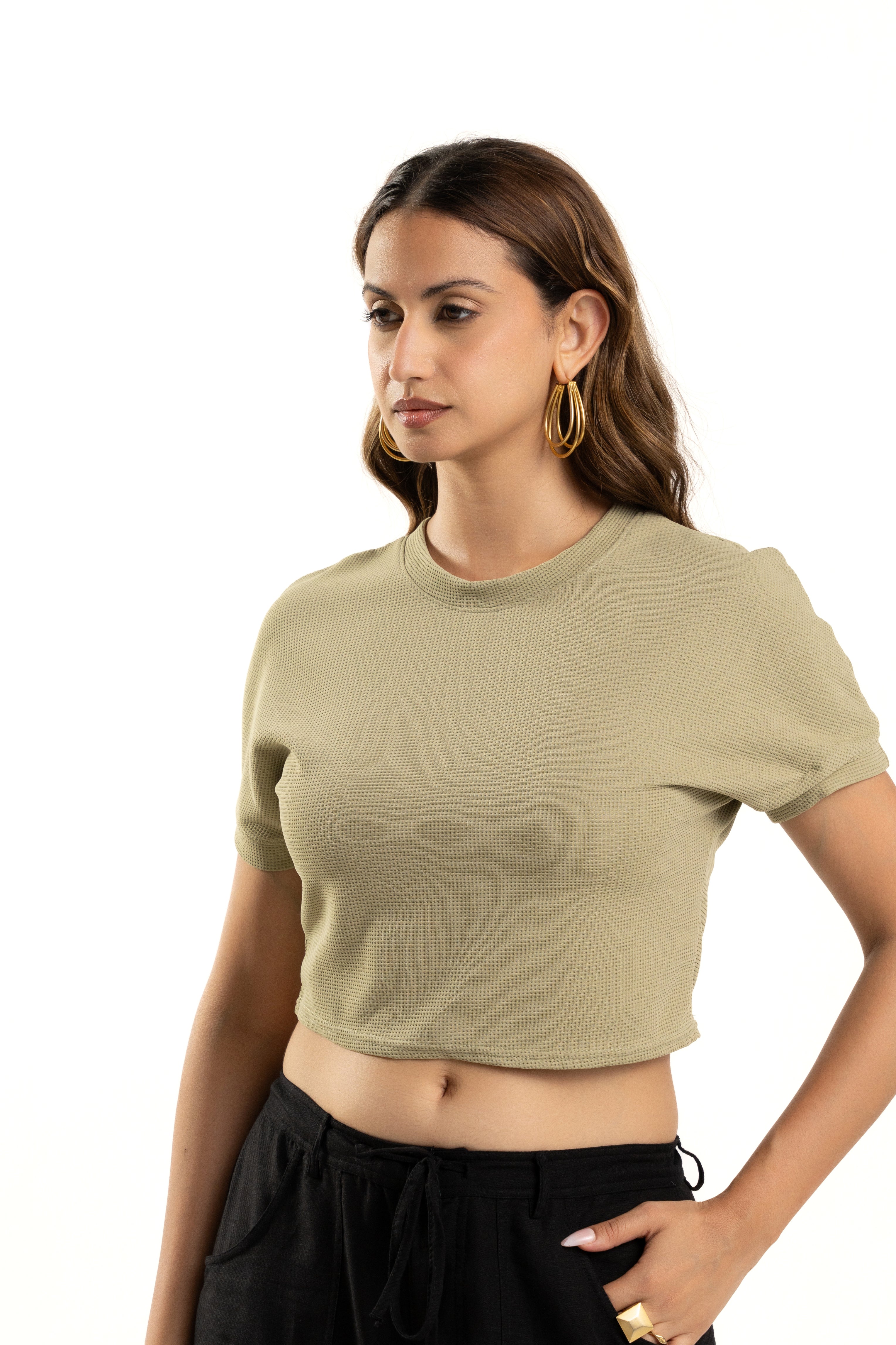Green Crop Top for Women Casual Round Neck Summer Wear