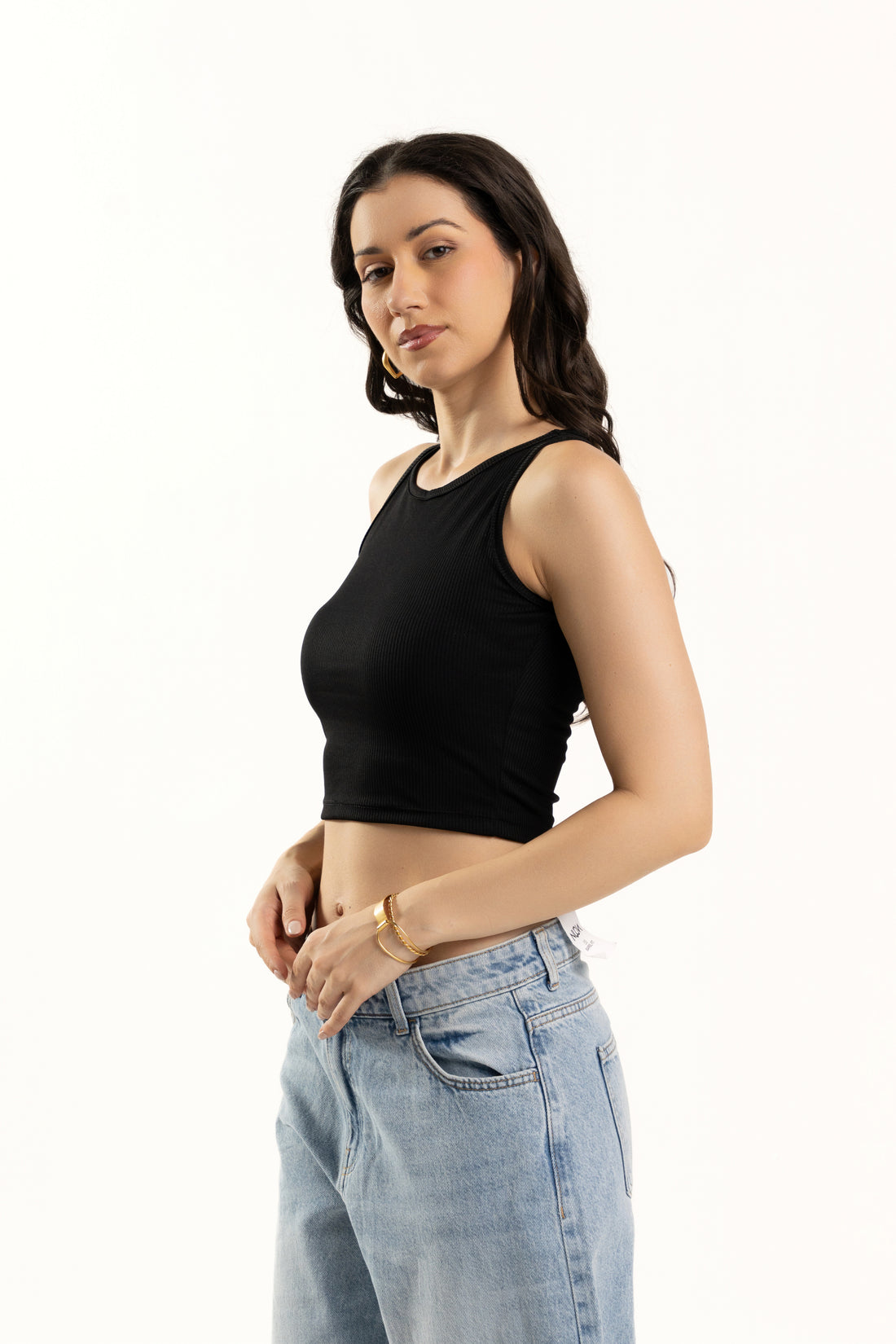 Black Sleeveless High Neck Tank Top For Women
