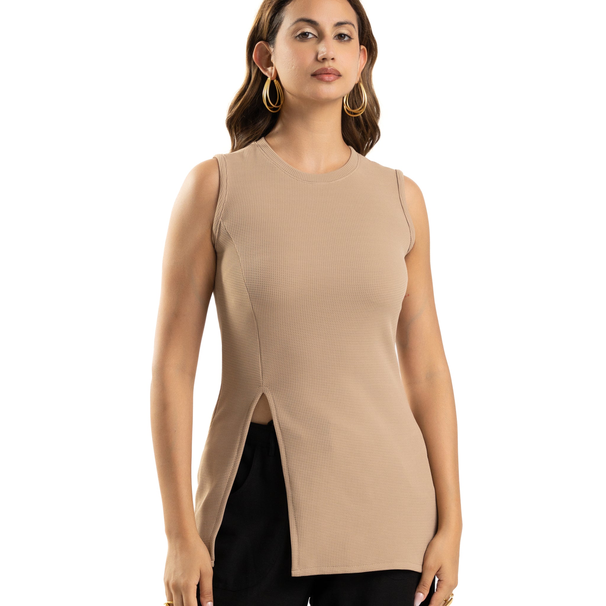 Beige Sleeveless Side Slit Long Top for Women