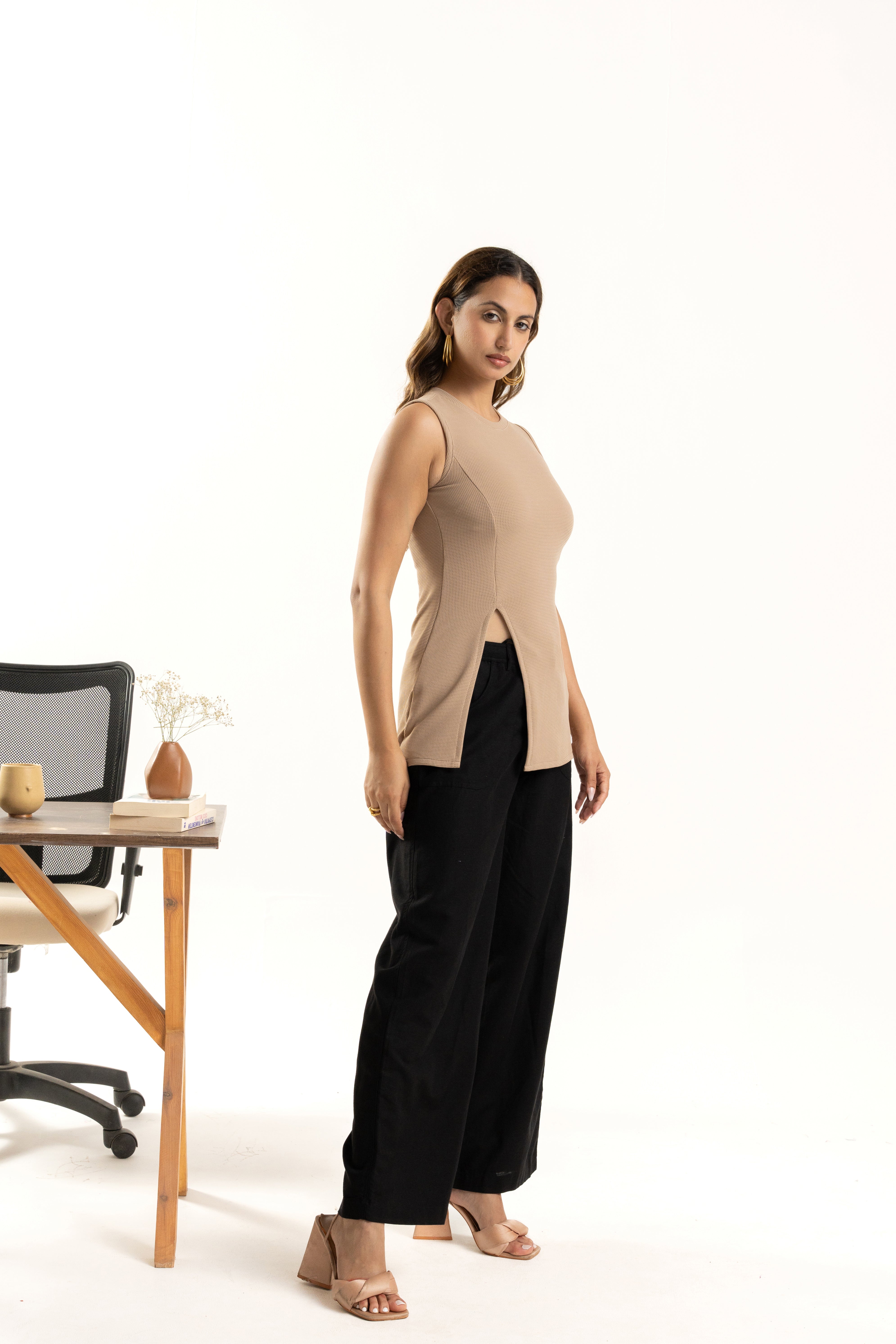 Beige Sleeveless Side Slit Long Top for Women